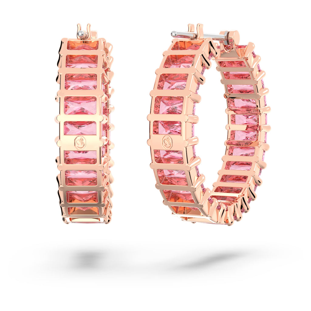 Swarovski Matrix hoop earrings Baguette cut, Pink, 18K rose gold finish
