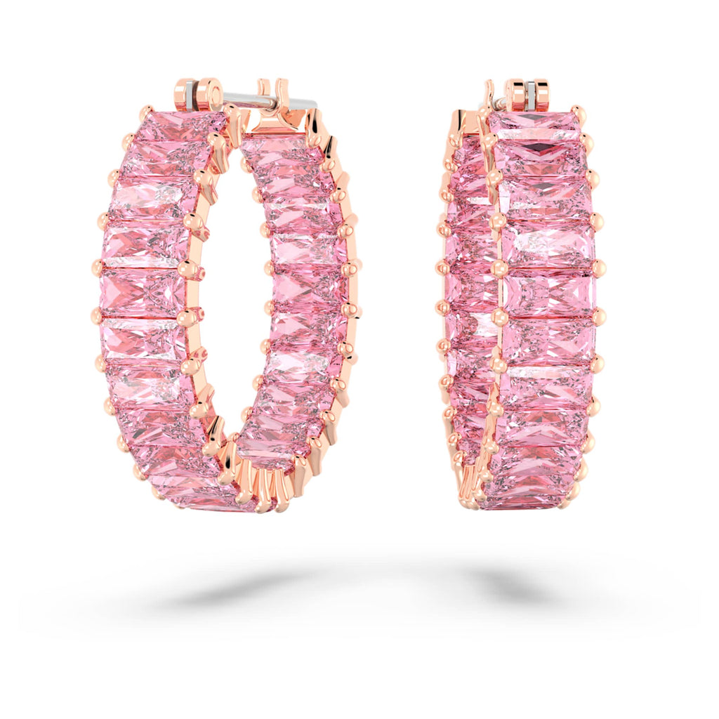 Swarovski Matrix hoop earrings Baguette cut, Pink, 18K rose gold finish