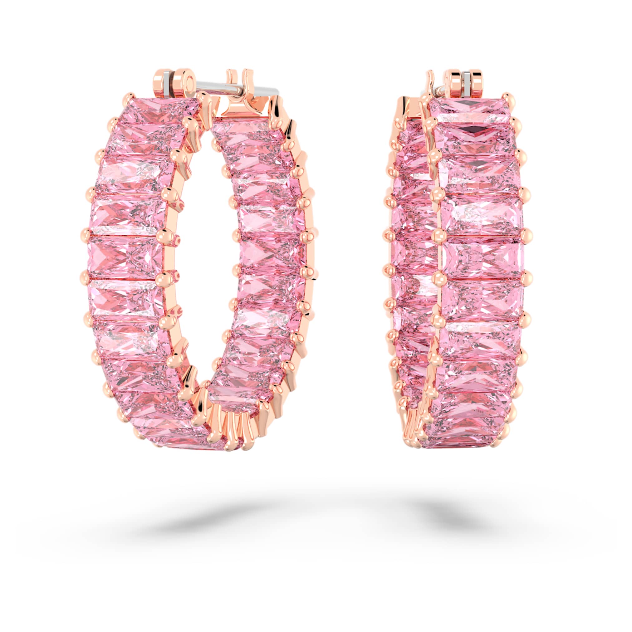 Swarovski Matrix hoop earrings Baguette cut, Pink, 18K rose gold finish