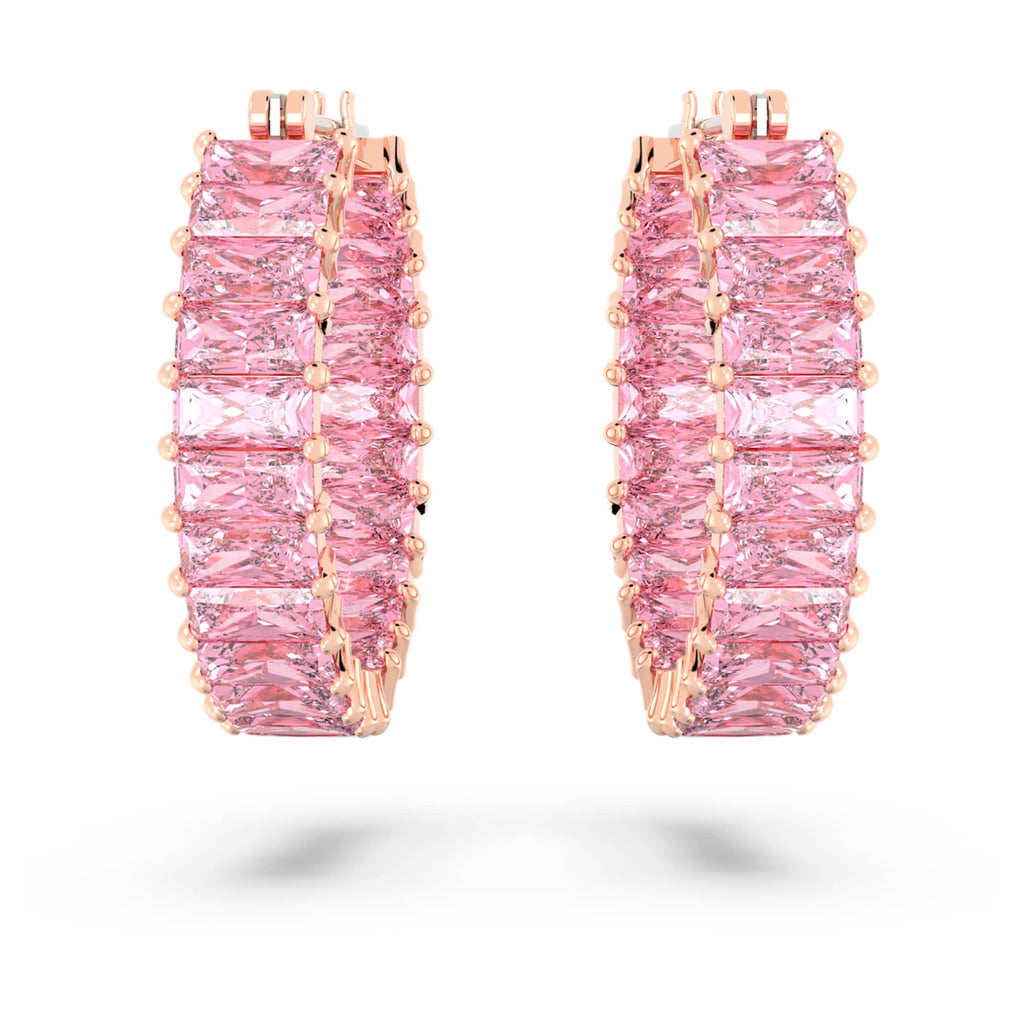 Swarovski Matrix hoop earrings Baguette cut, Pink, 18K rose gold finish