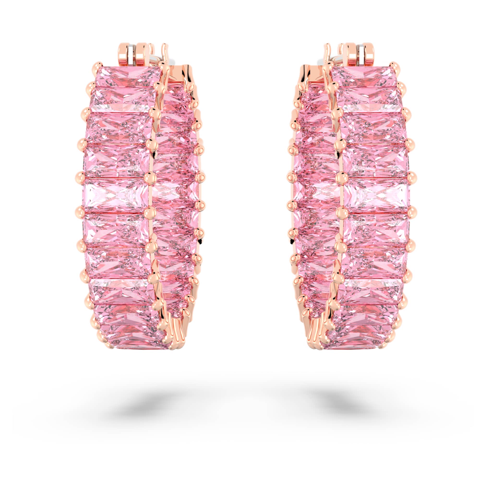 Swarovski Matrix hoop earrings Baguette cut, Pink, 18K rose gold finish