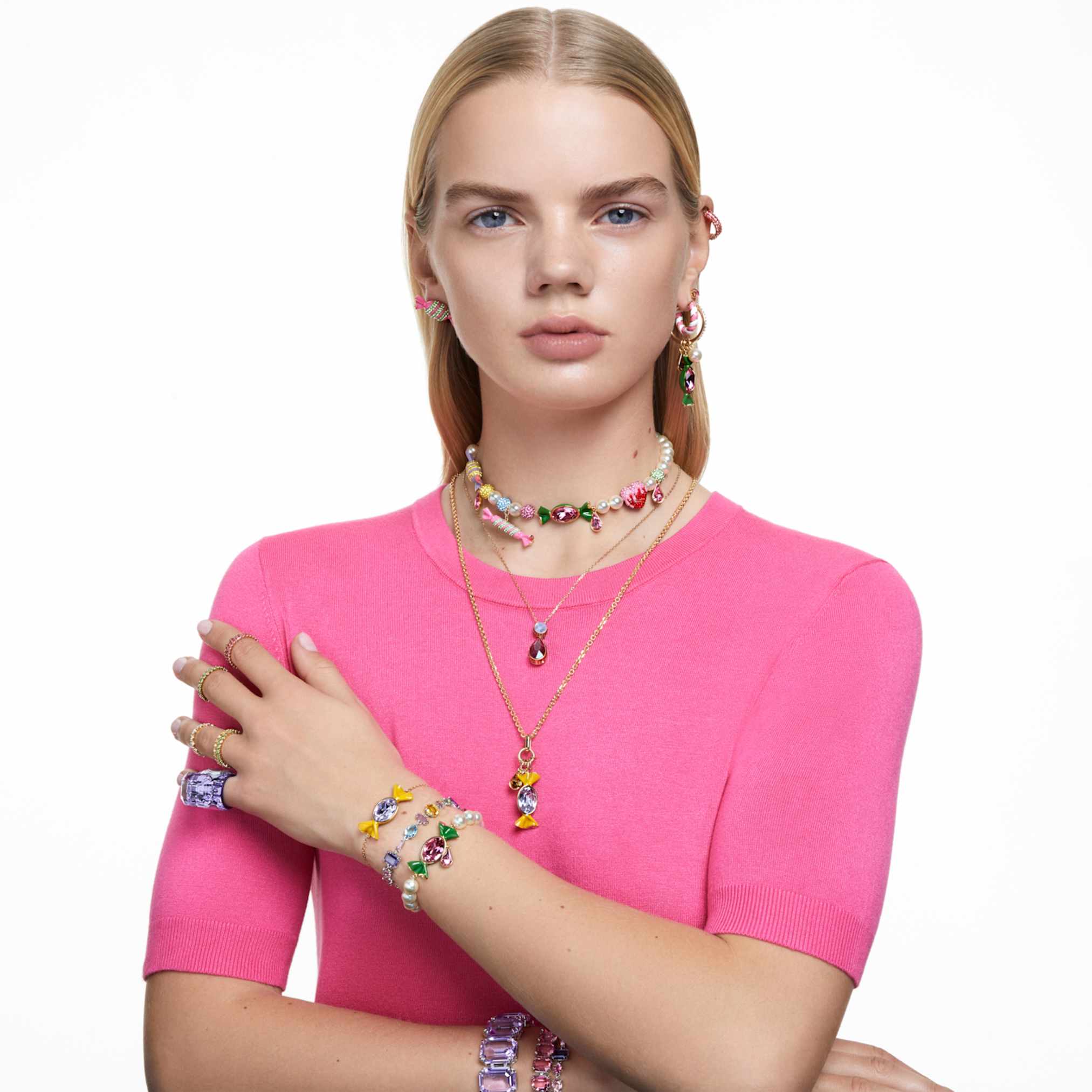 Swarovski Matrix hoop earrings Baguette cut, Pink, 18K rose gold finish