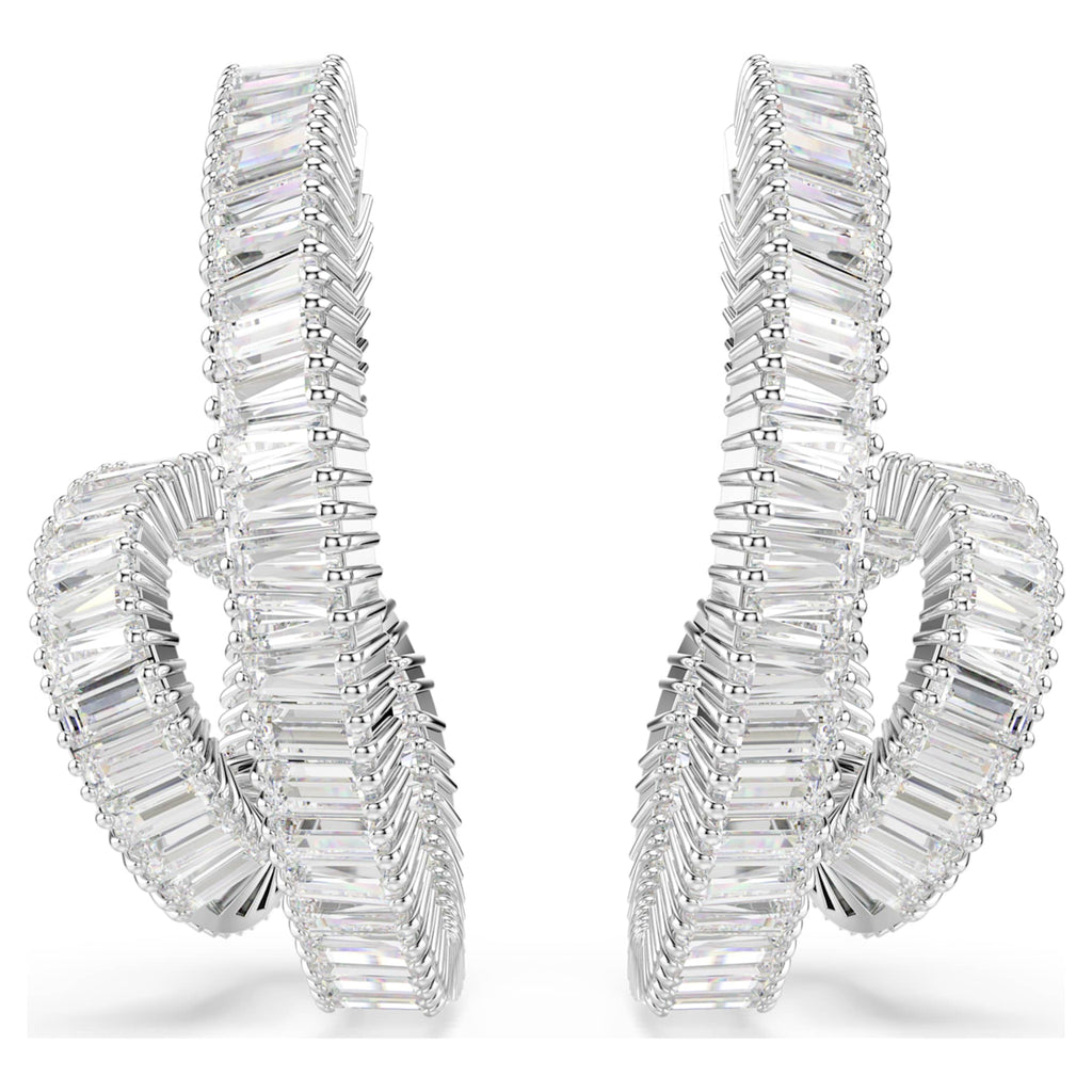 Swarovski Matrix hoop earrings Baguette cut, Ribbon, White, Rhodium plated