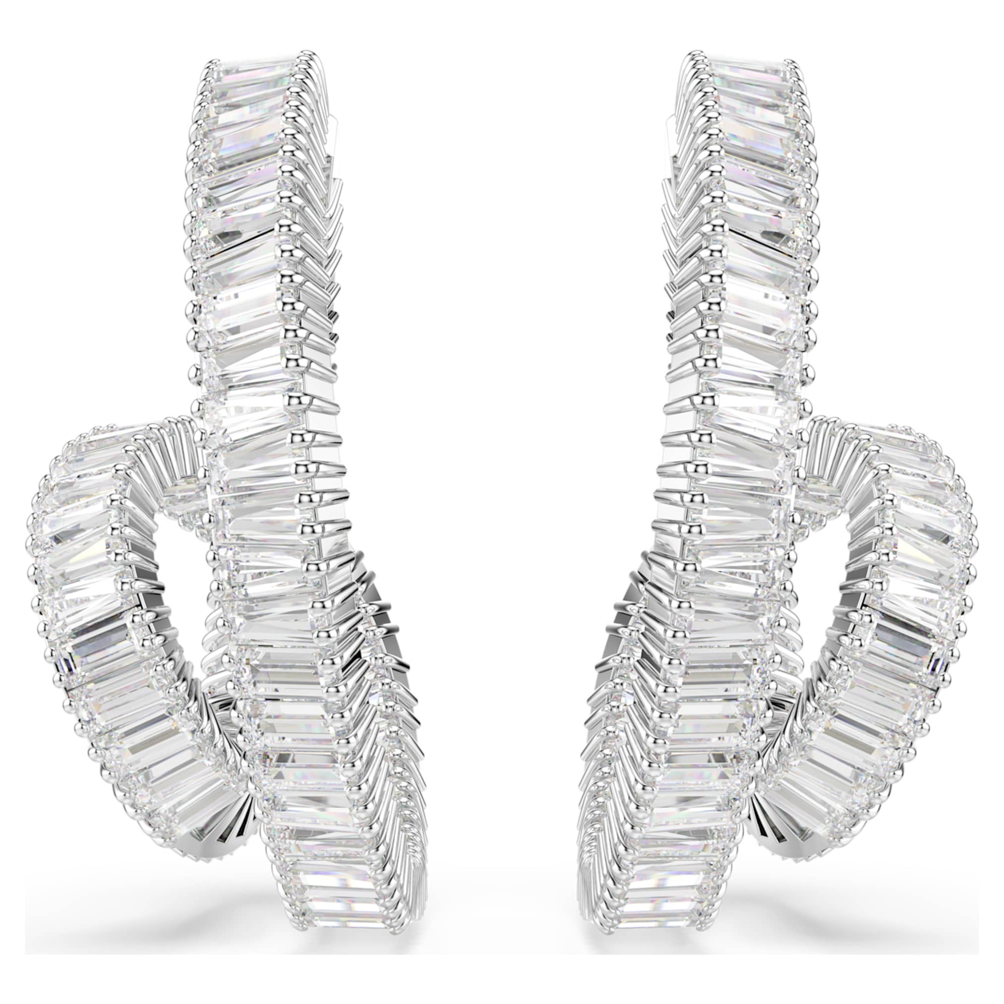 Swarovski Matrix hoop earrings Baguette cut, Ribbon, White, Rhodium plated