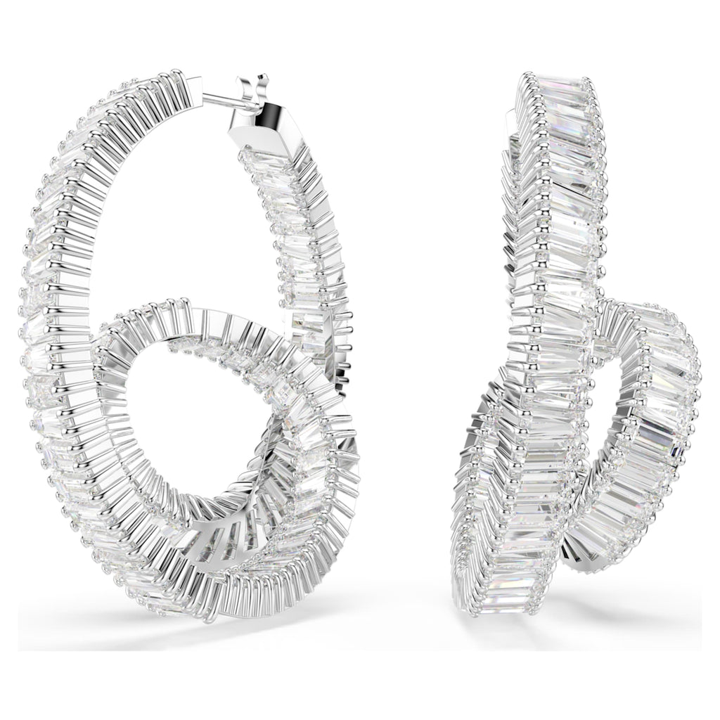 Swarovski Matrix hoop earrings Baguette cut, Ribbon, White, Rhodium plated