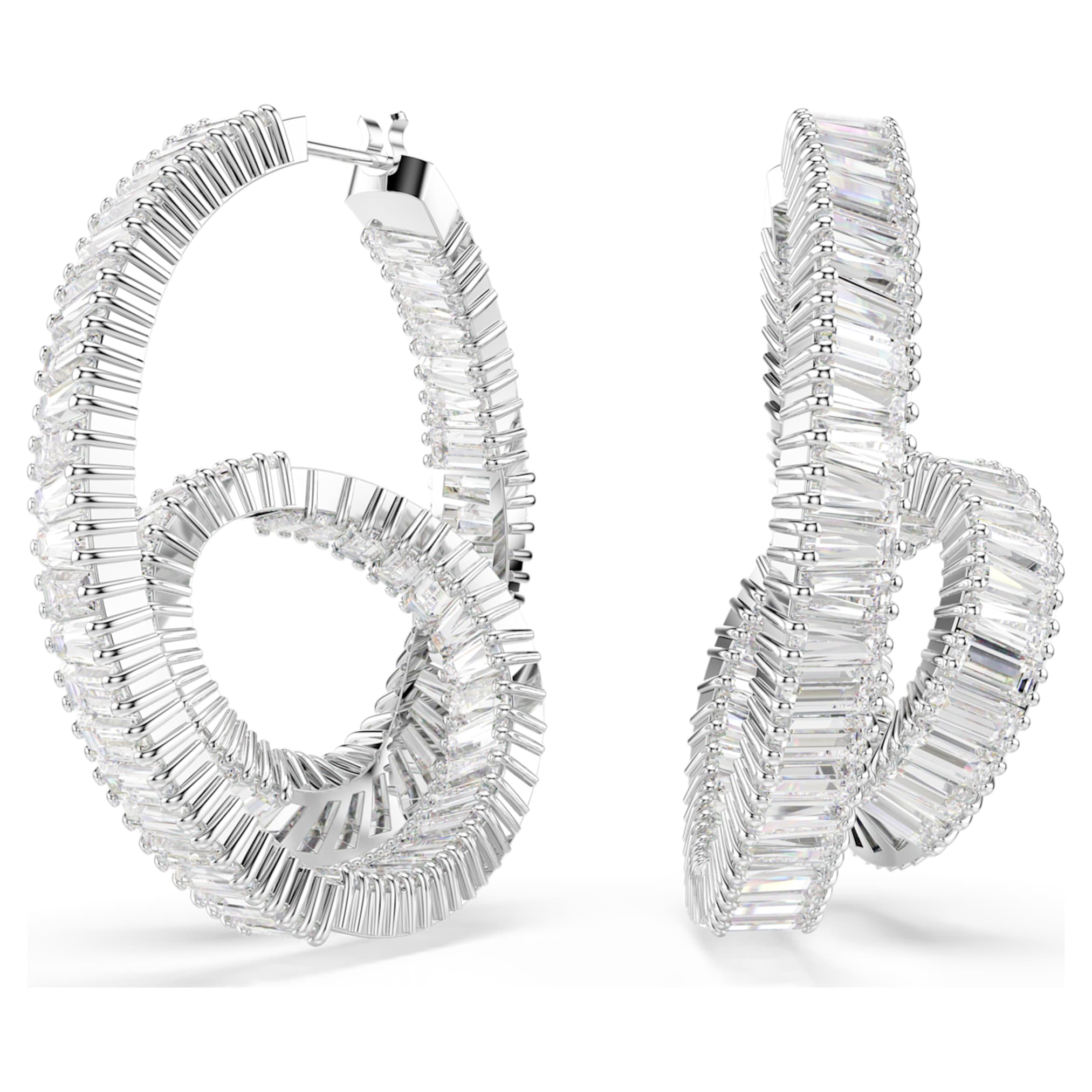 Swarovski Matrix hoop earrings Baguette cut, Ribbon, White, Rhodium plated