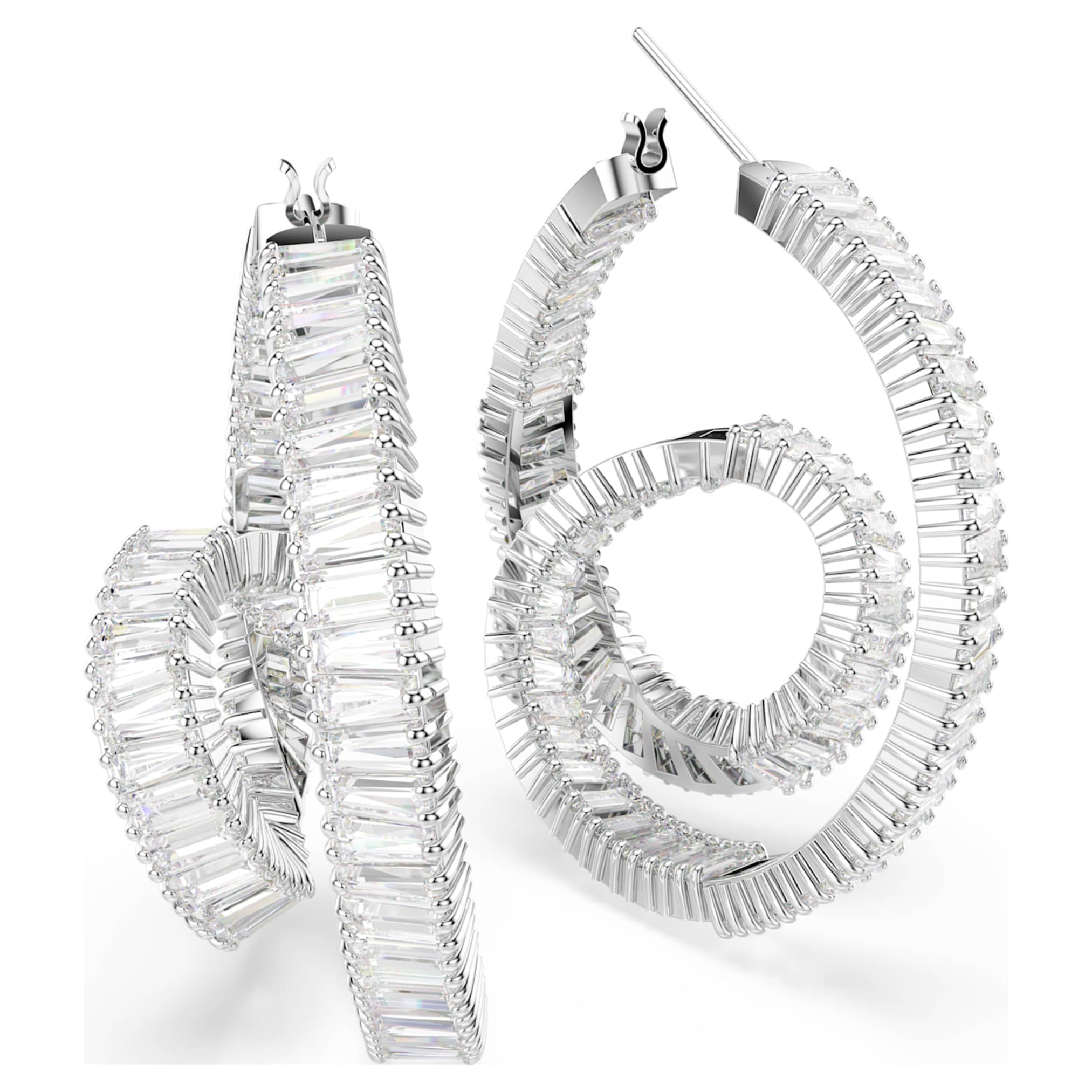 Swarovski Matrix hoop earrings Baguette cut, Ribbon, White, Rhodium plated
