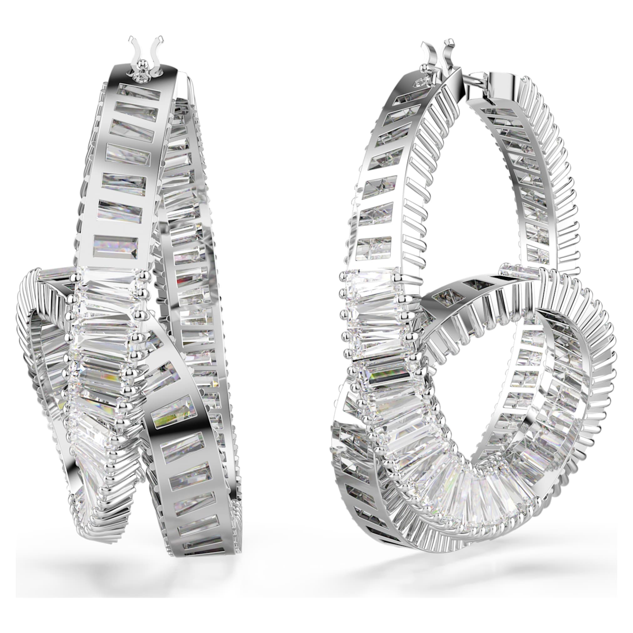 Swarovski Matrix hoop earrings Baguette cut, Ribbon, White, Rhodium plated