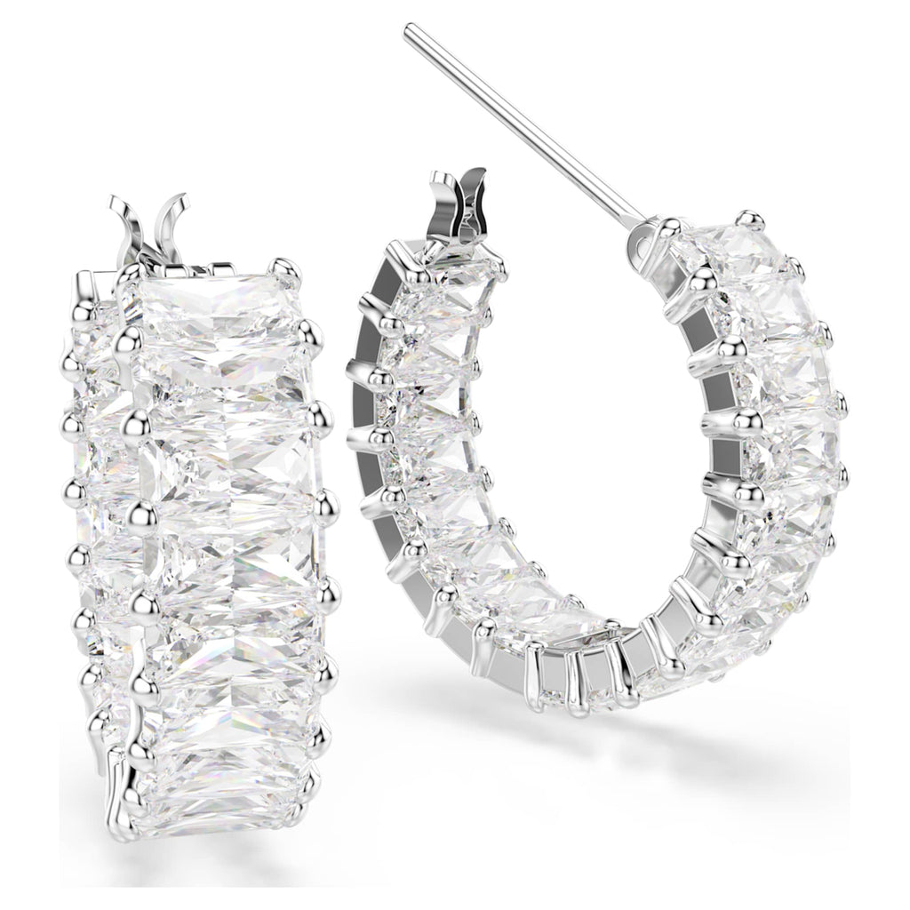 Swarovski Matrix hoop earrings Baguette cut, White, Rhodium plated