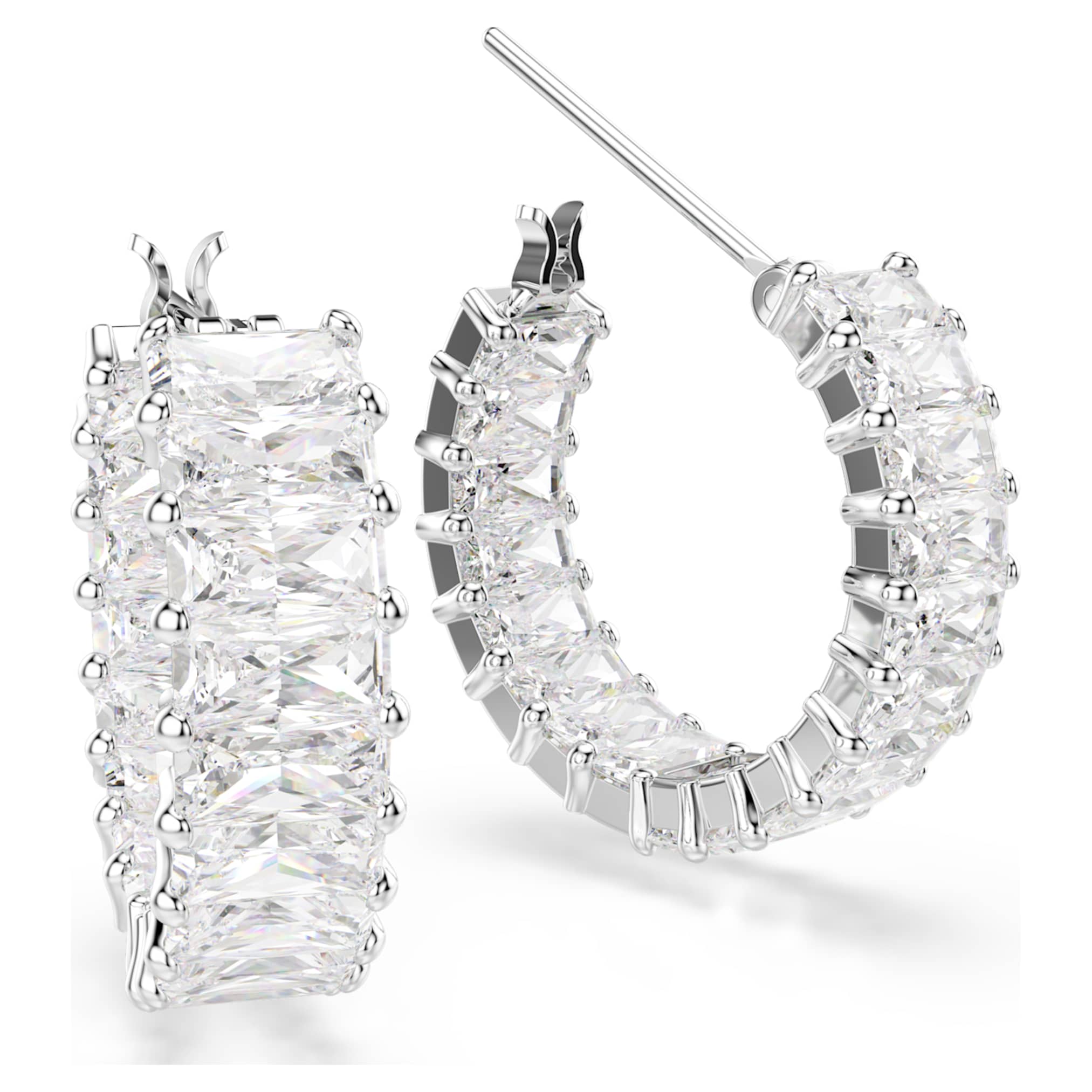 Swarovski Matrix hoop earrings Baguette cut, White, Rhodium plated
