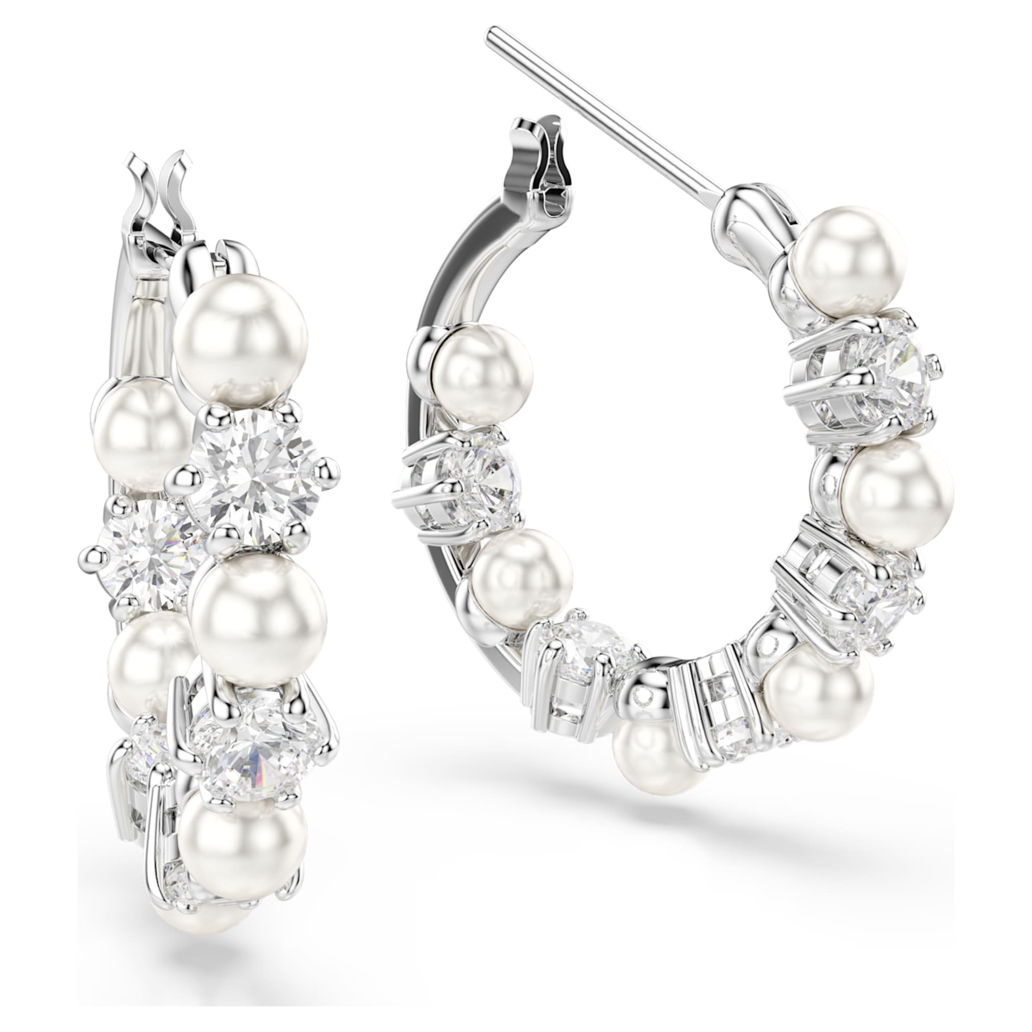 Swarovski Matrix hoop earrings Crystal pearl, Round cut, White, Rhodium plated