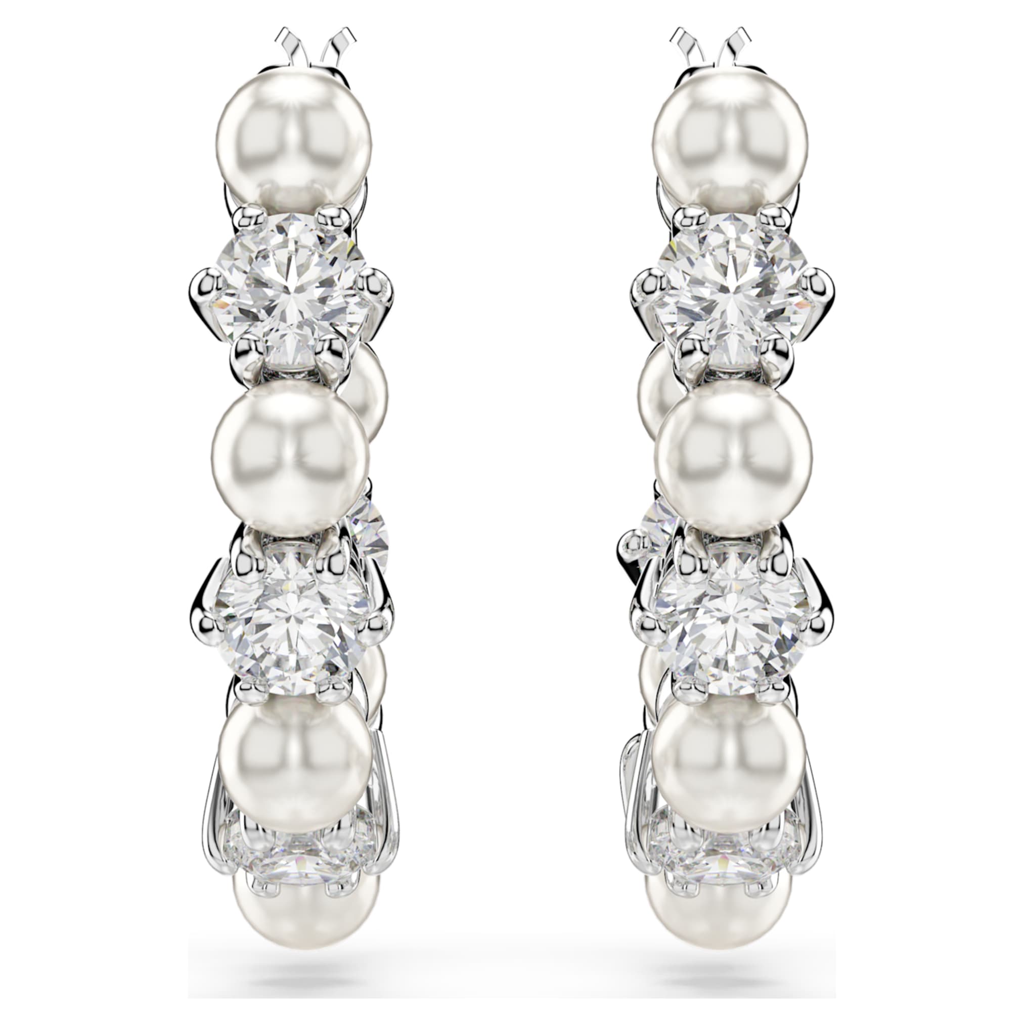 Swarovski Matrix hoop earrings Crystal pearl, Round cut, White, Rhodium plated