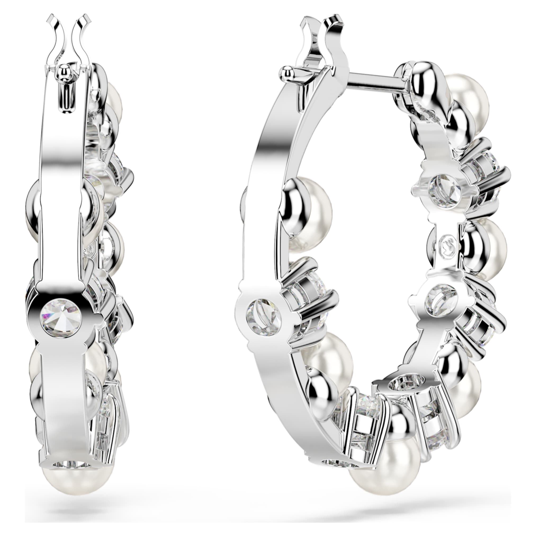 Swarovski Matrix hoop earrings Crystal pearl, Round cut, White, Rhodium plated