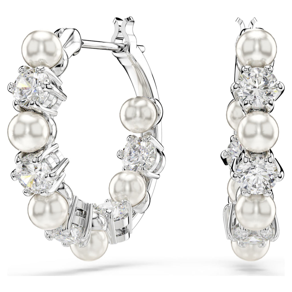 Swarovski Matrix hoop earrings Crystal pearl, Round cut, White, Rhodium plated