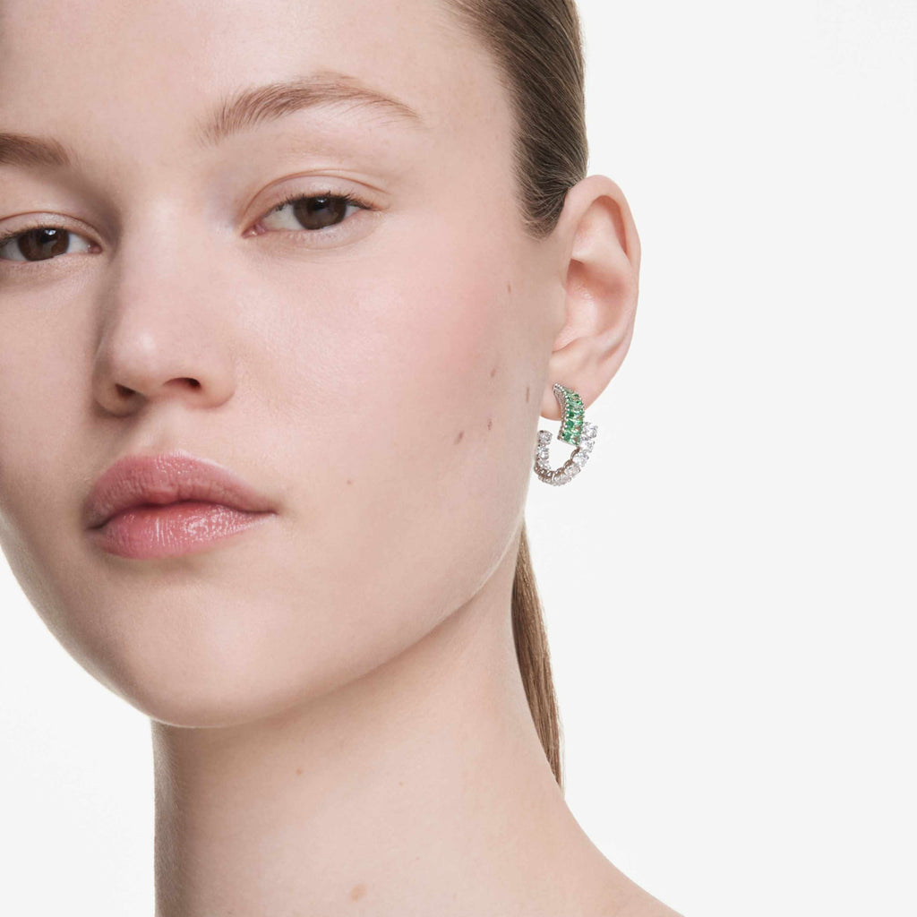 Swarovski Matrix hoop earrings Mixed cuts, Green, Rhodium plated