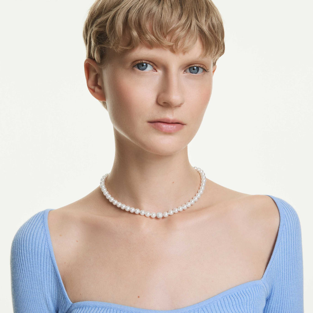 Swarovski Matrix necklace Crystal pearl, White, Rhodium plated