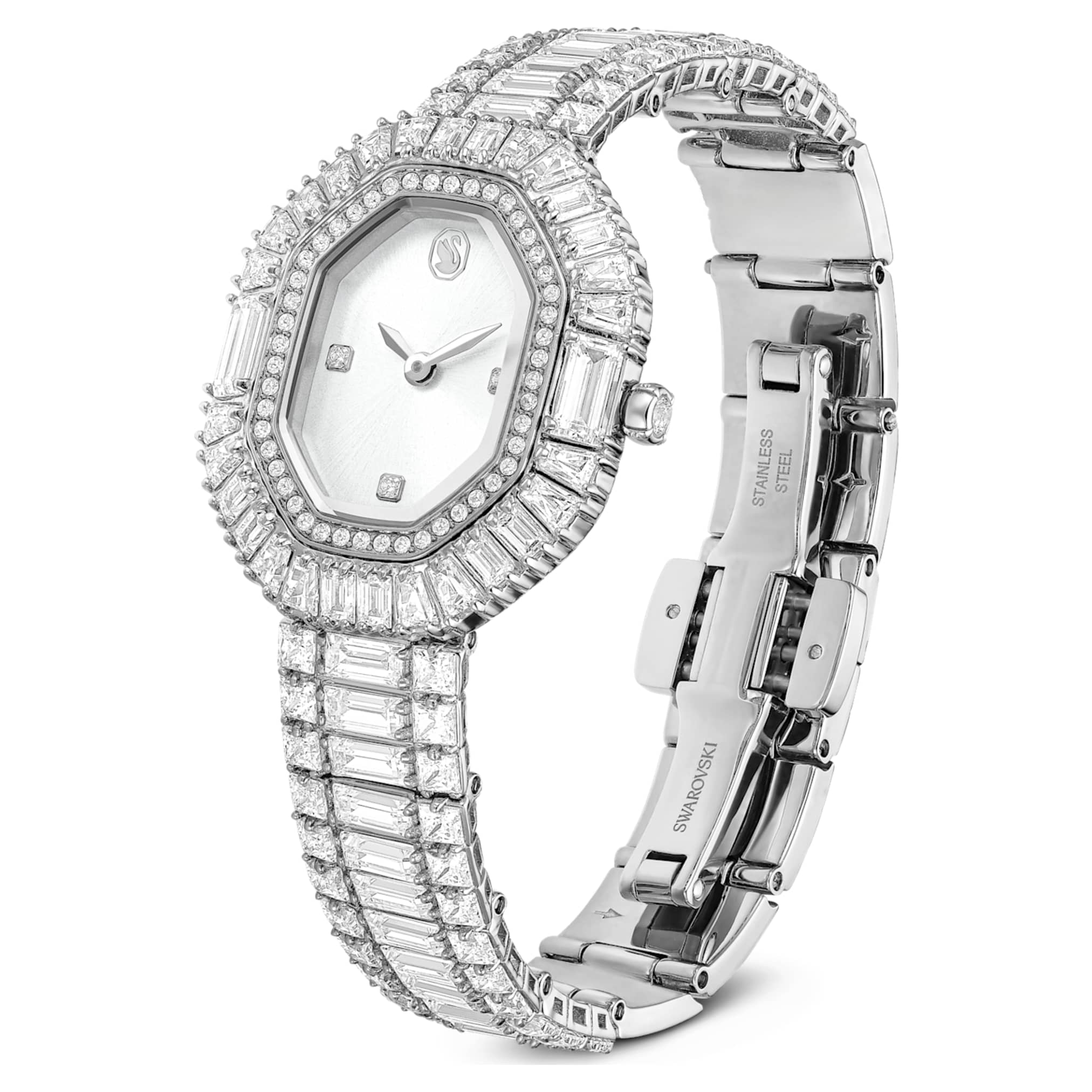 Swarovski Matrix octagon watch Baguette cut, Metal bracelet, Silver tone, Stainless steel
