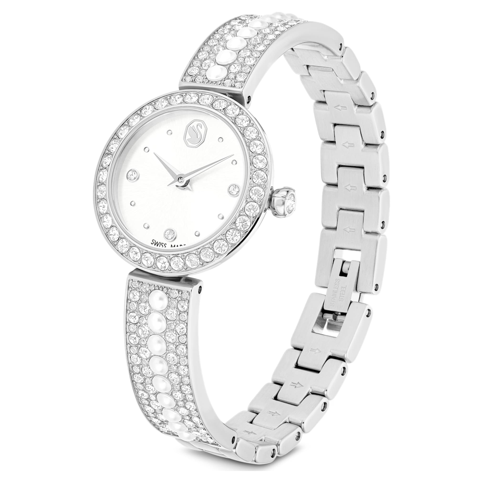 Swarovski Matrix pearl bangle watch Swiss Made, Crystal bracelet, White, Stainless steel