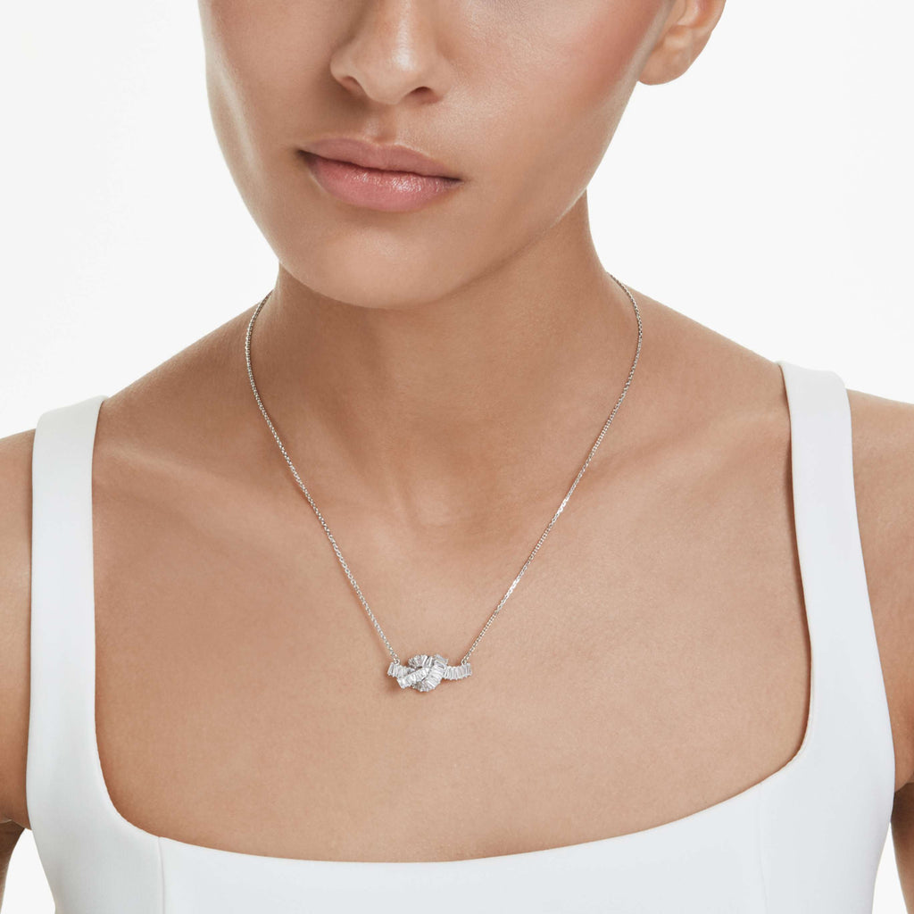 Swarovski Matrix pendant Baguette cut, Knot, White, Rhodium plated