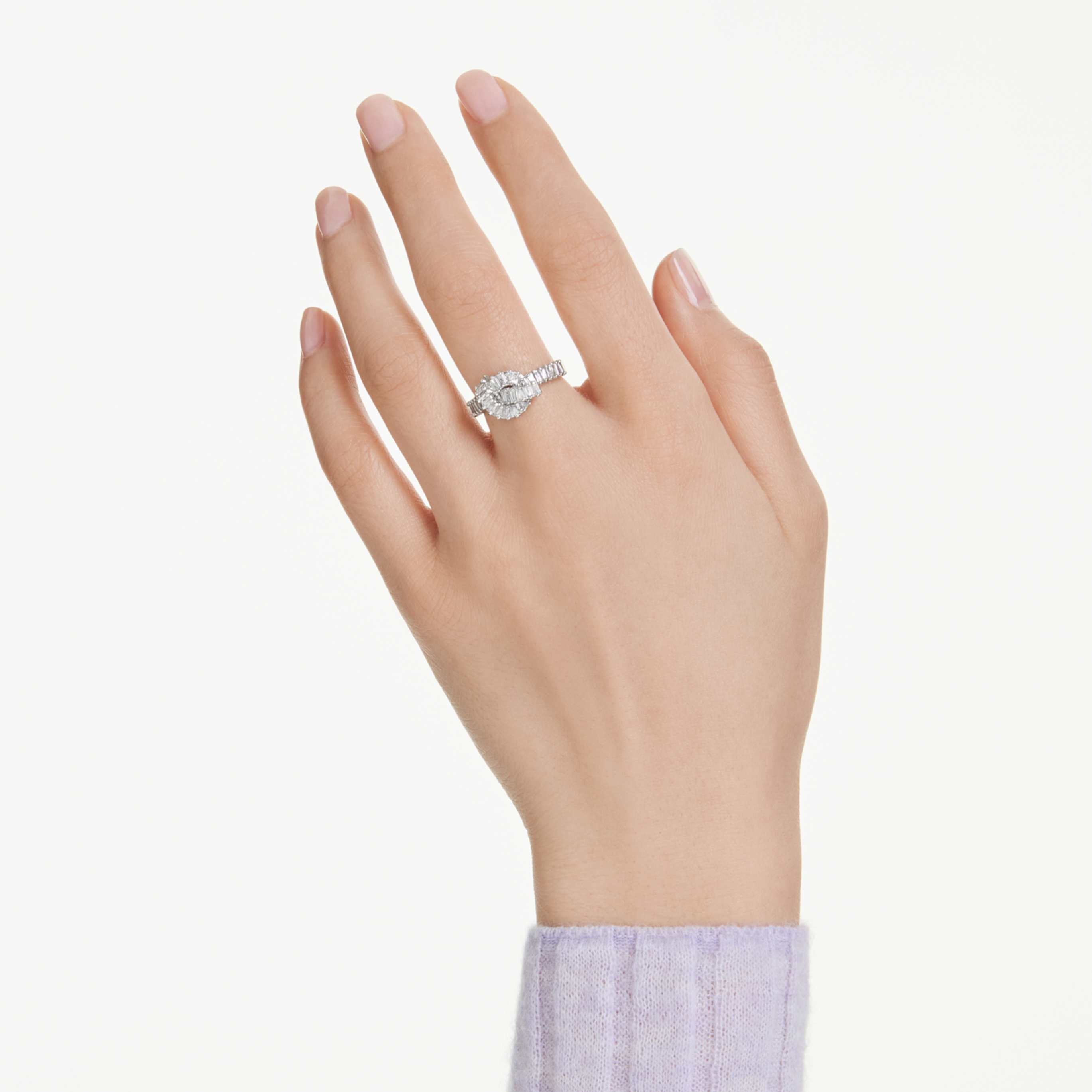 Swarovski Matrix ring Baguette cut, Knot, White, Rhodium plated