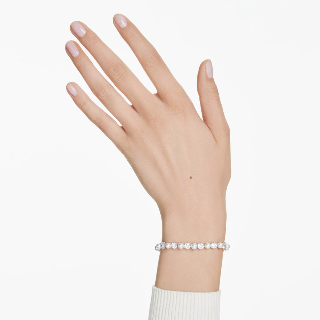 Swarovski Matrix Tennis bracelet Crystal pearl, Round cut, White, Rhodium plated