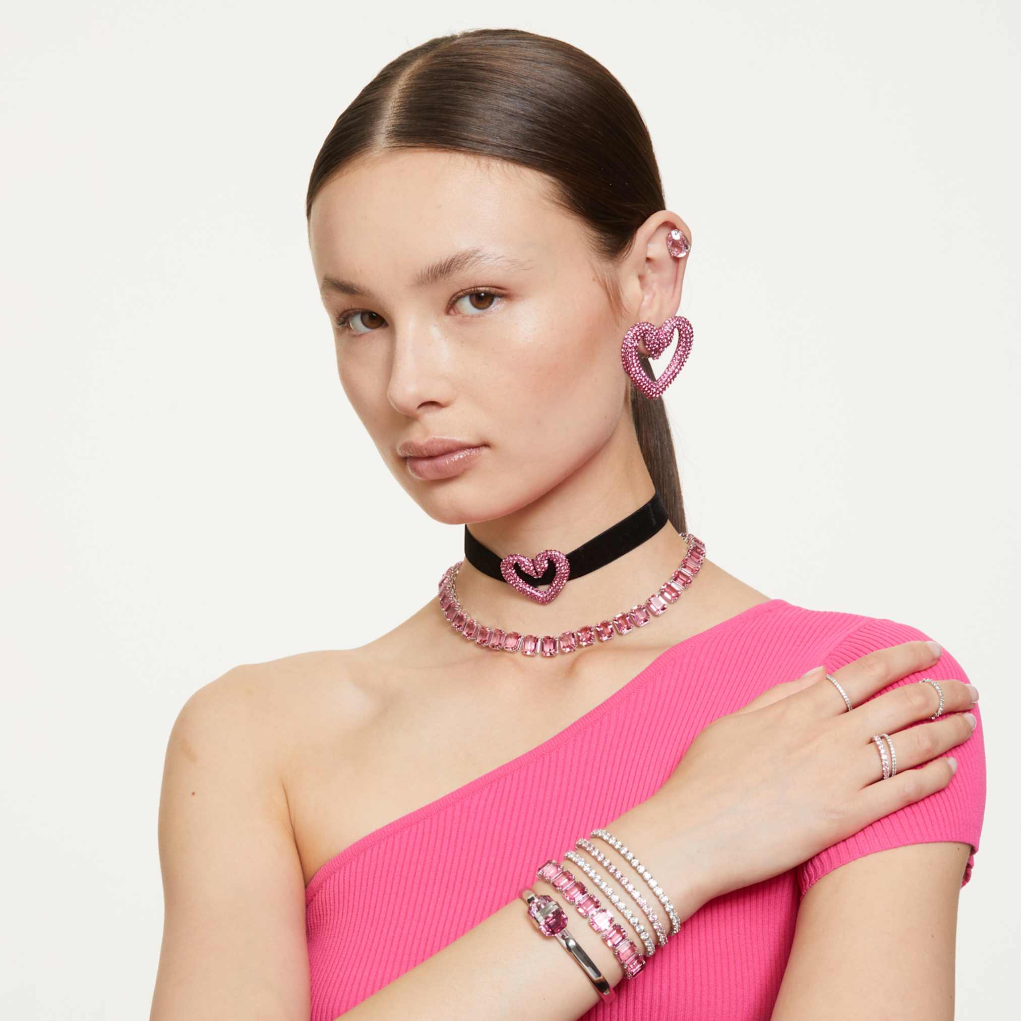 Swarovski Matrix Tennis bracelet Round cut, Pink, Rhodium plated
