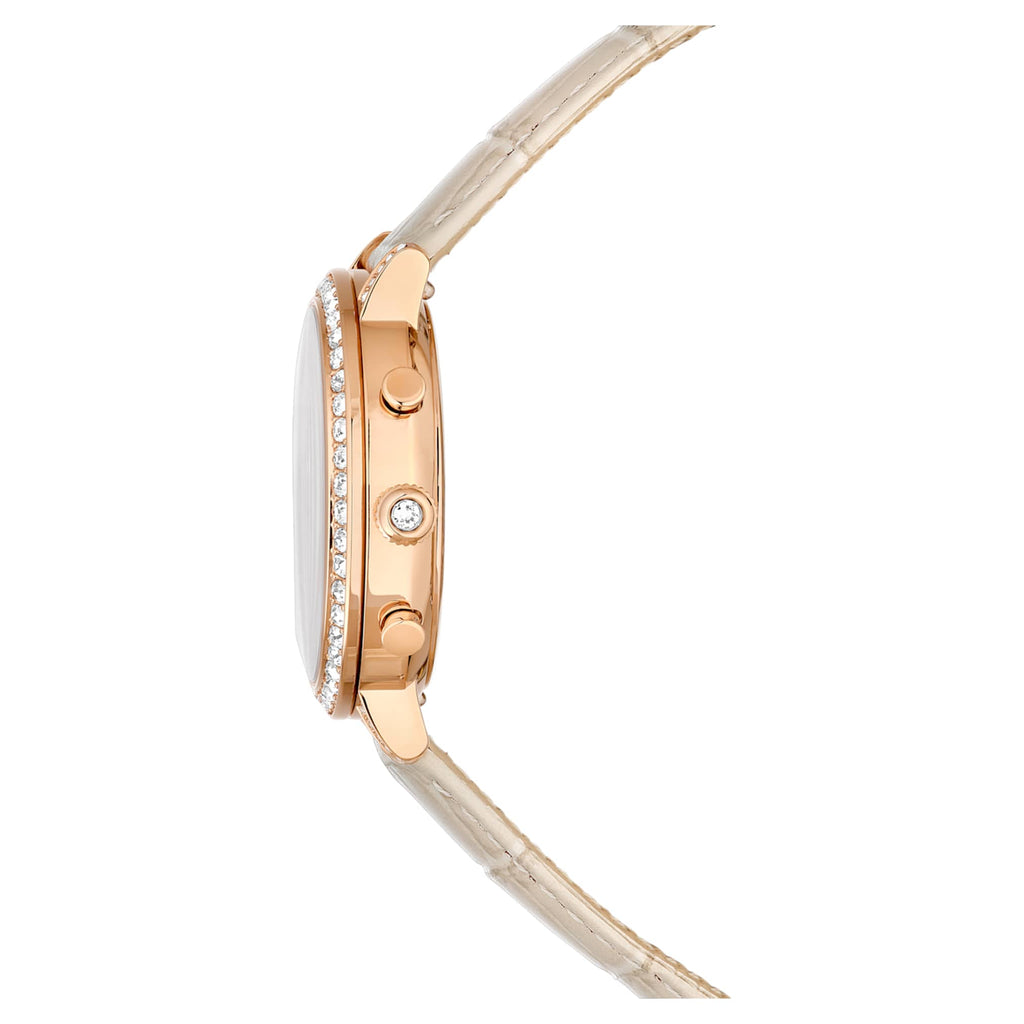 Swarovski Matrix tennis chrono watch Swiss Made, Leather strap, Beige, Rose gold-tone finish