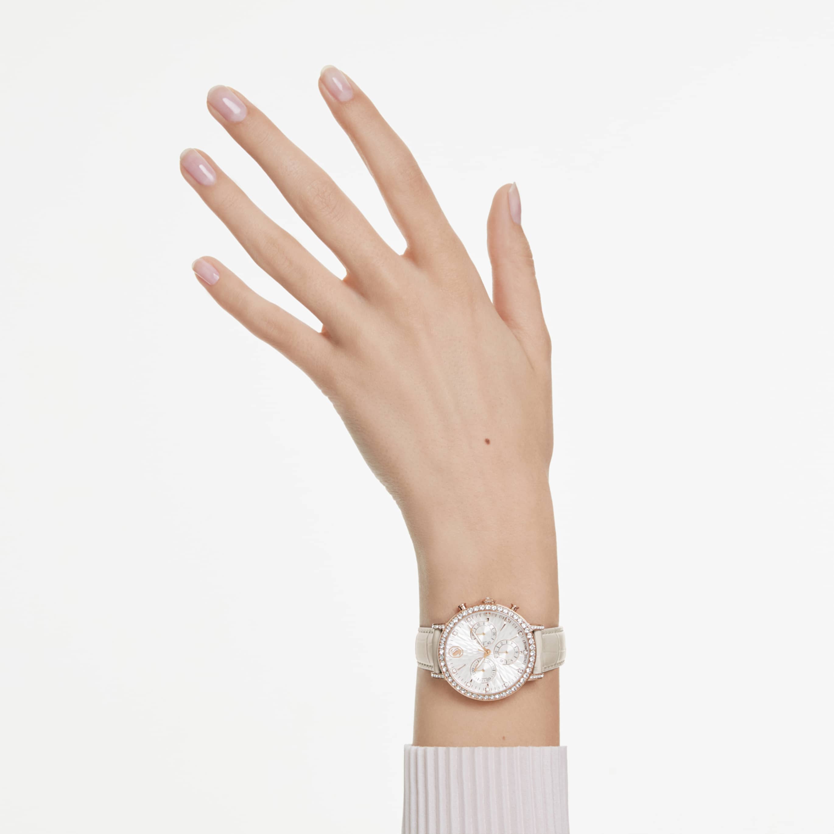Swarovski Matrix tennis chrono watch Swiss Made, Leather strap, Pink, Rose gold-tone finish