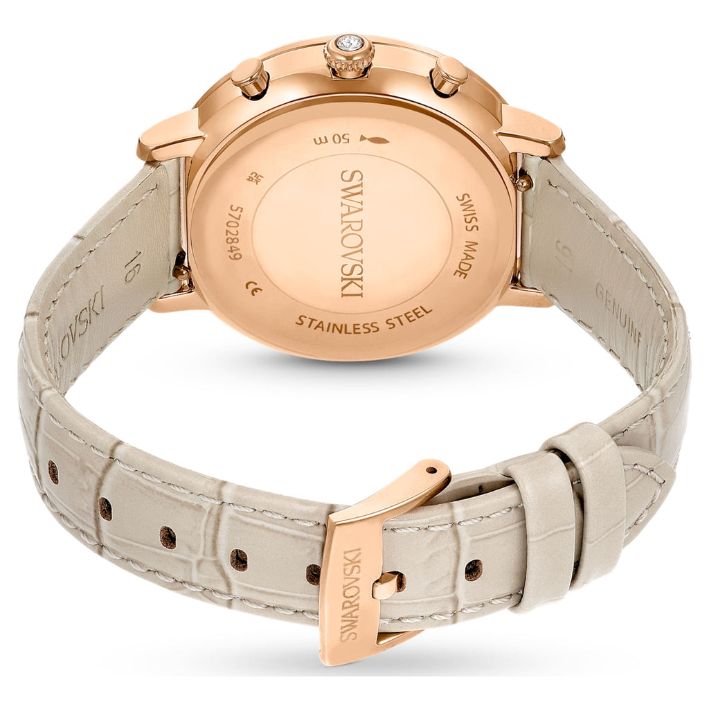 Swarovski Matrix tennis chrono watch Swiss Made, Leather strap, Beige, Rose gold-tone finish