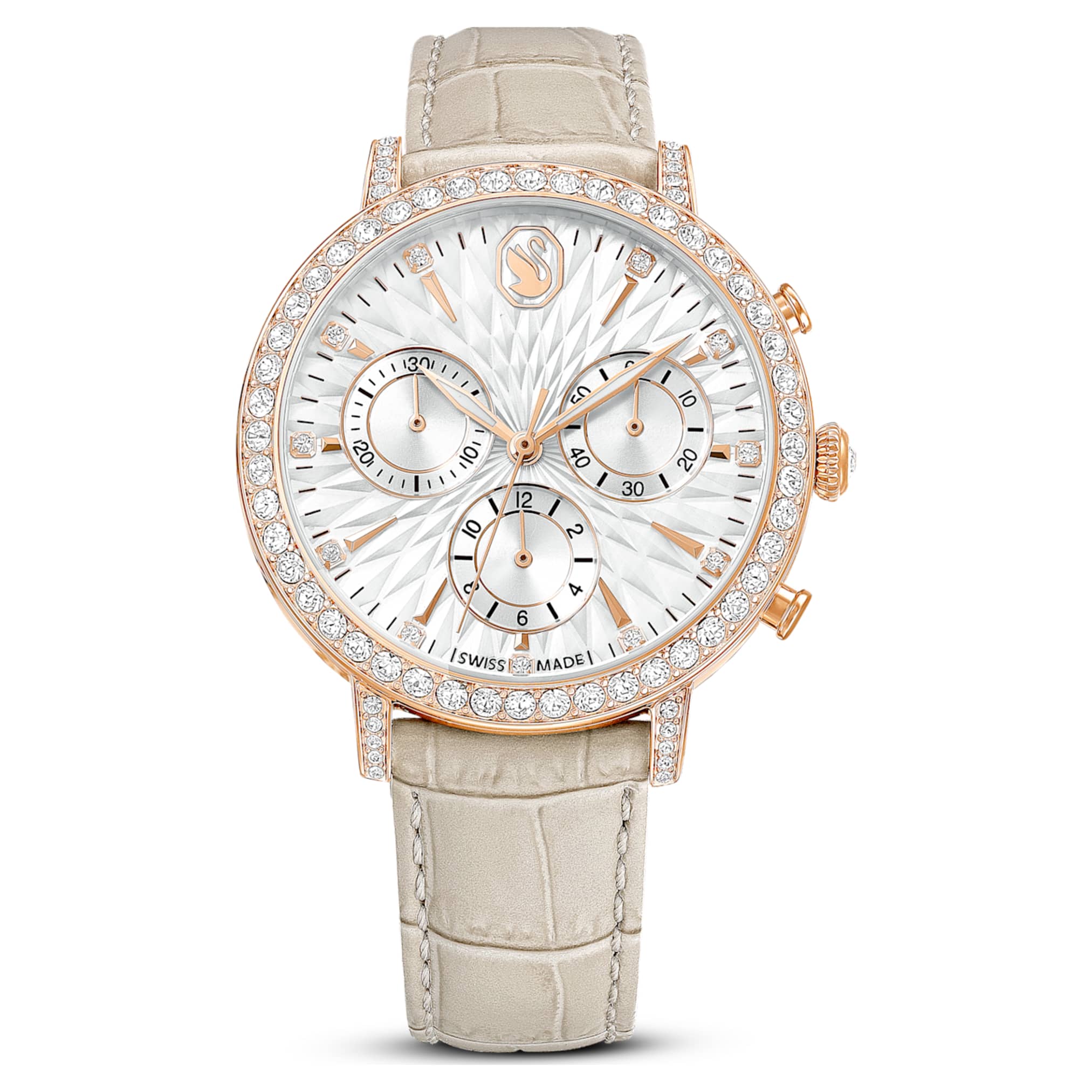 Swarovski Matrix tennis chrono watch Swiss Made, Leather strap, Beige, Rose gold-tone finish
