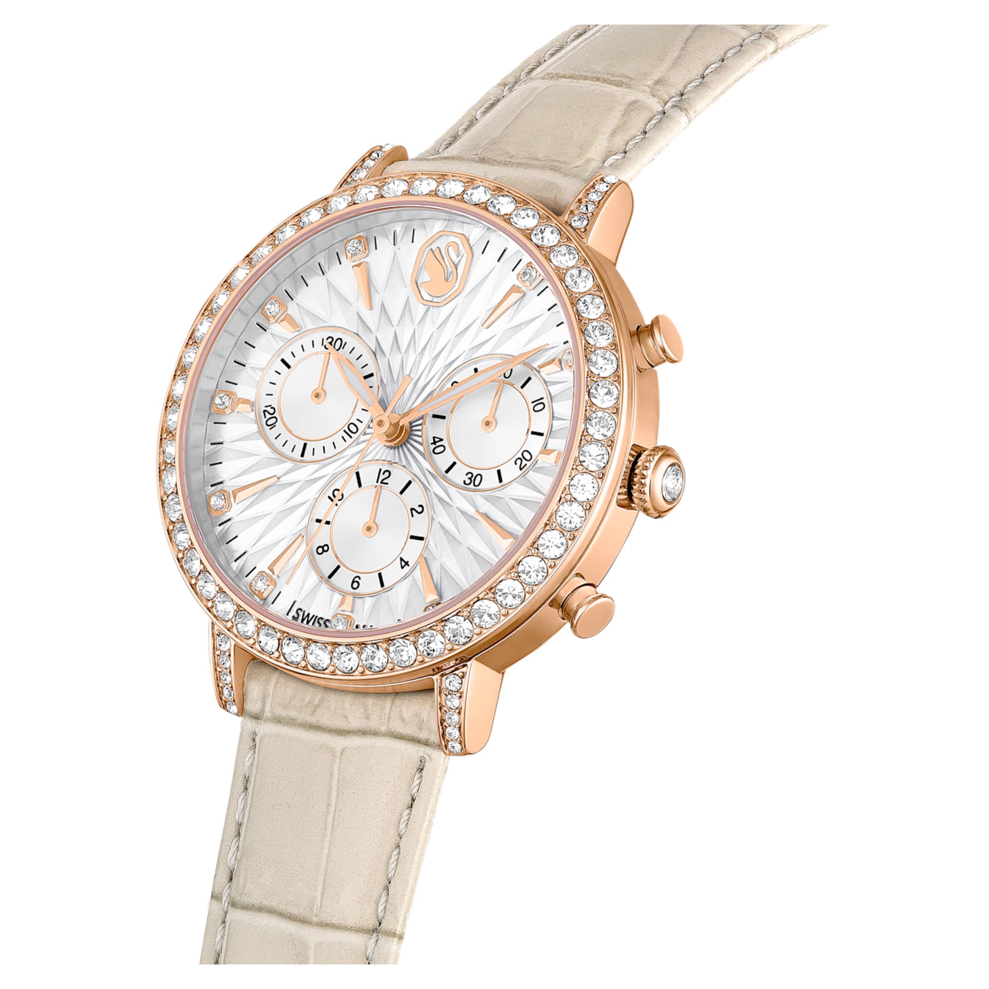Swarovski Matrix tennis chrono watch Swiss Made, Leather strap, Beige, Rose gold-tone finish