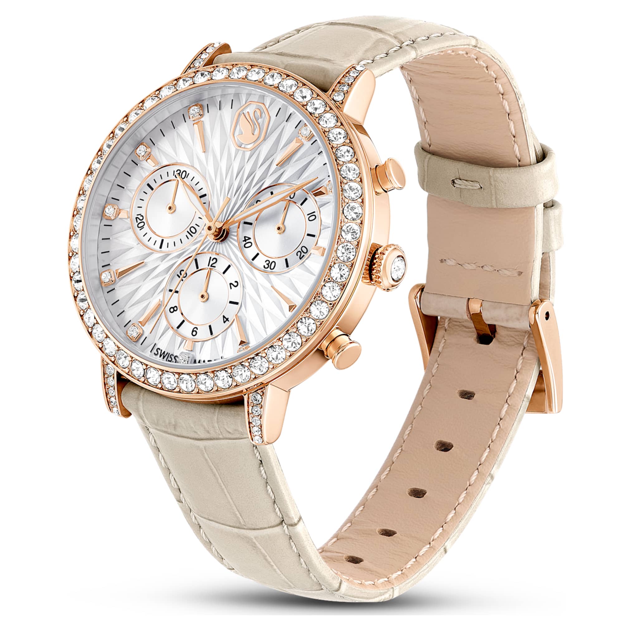 Swarovski Matrix tennis chrono watch Swiss Made, Leather strap, Beige, Rose gold-tone finish