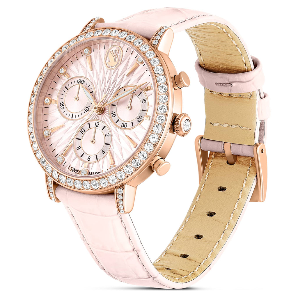 Swarovski Matrix tennis chrono watch Swiss Made, Leather strap, Pink, Rose gold-tone finish