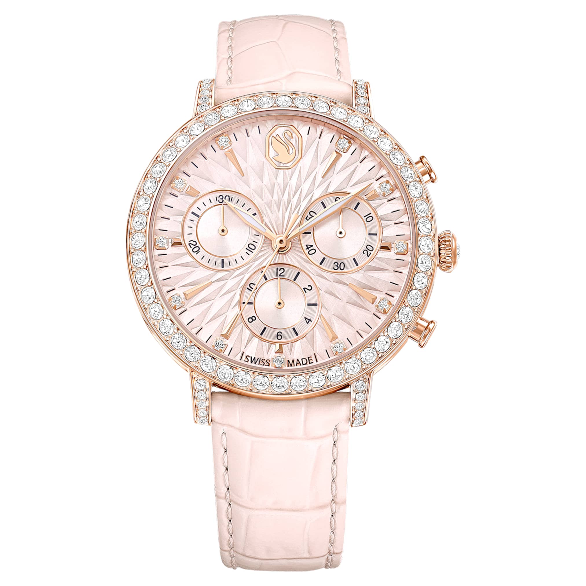 Swarovski Matrix tennis chrono watch Swiss Made, Leather strap, Pink, Rose gold-tone finish