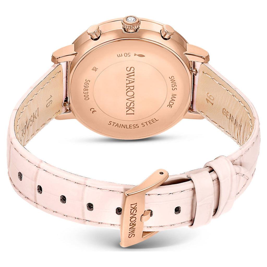 Swarovski Matrix tennis chrono watch Swiss Made, Leather strap, Pink, Rose gold-tone finish