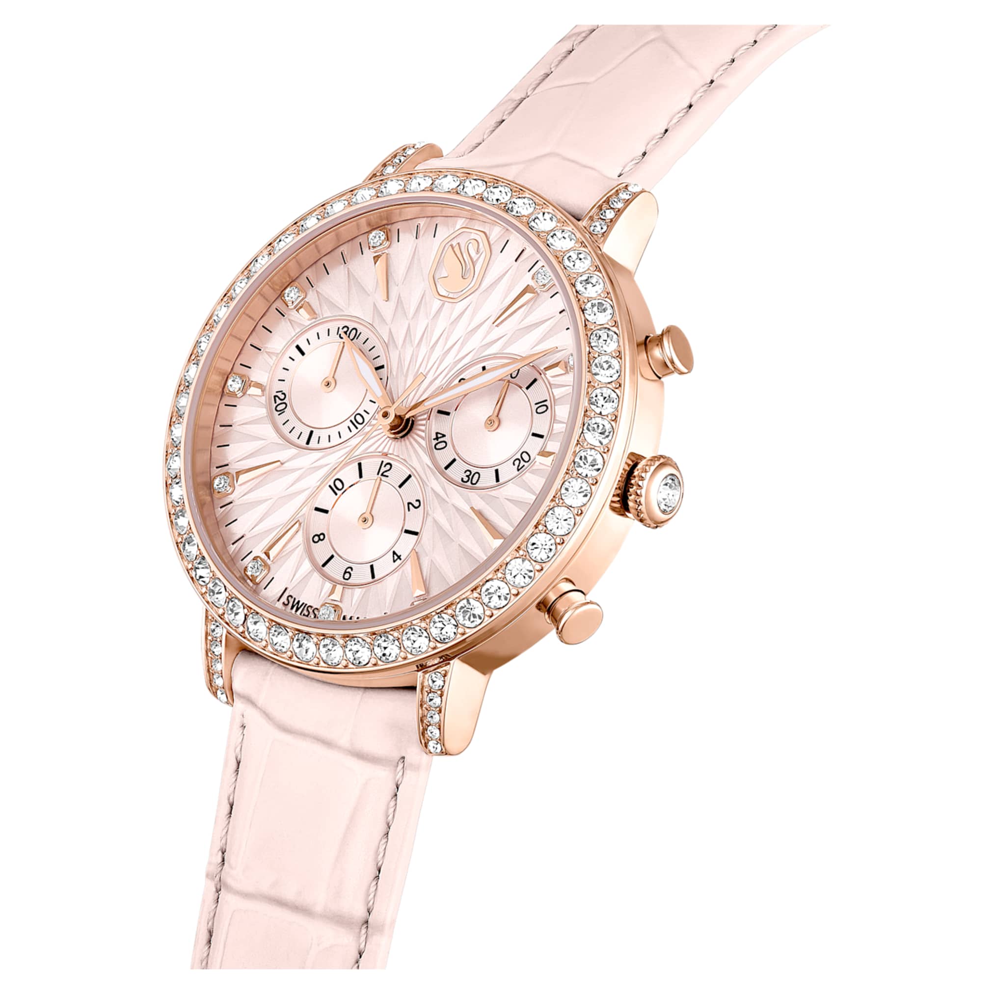 Swarovski Matrix tennis chrono watch Swiss Made, Leather strap, Pink, Rose gold-tone finish