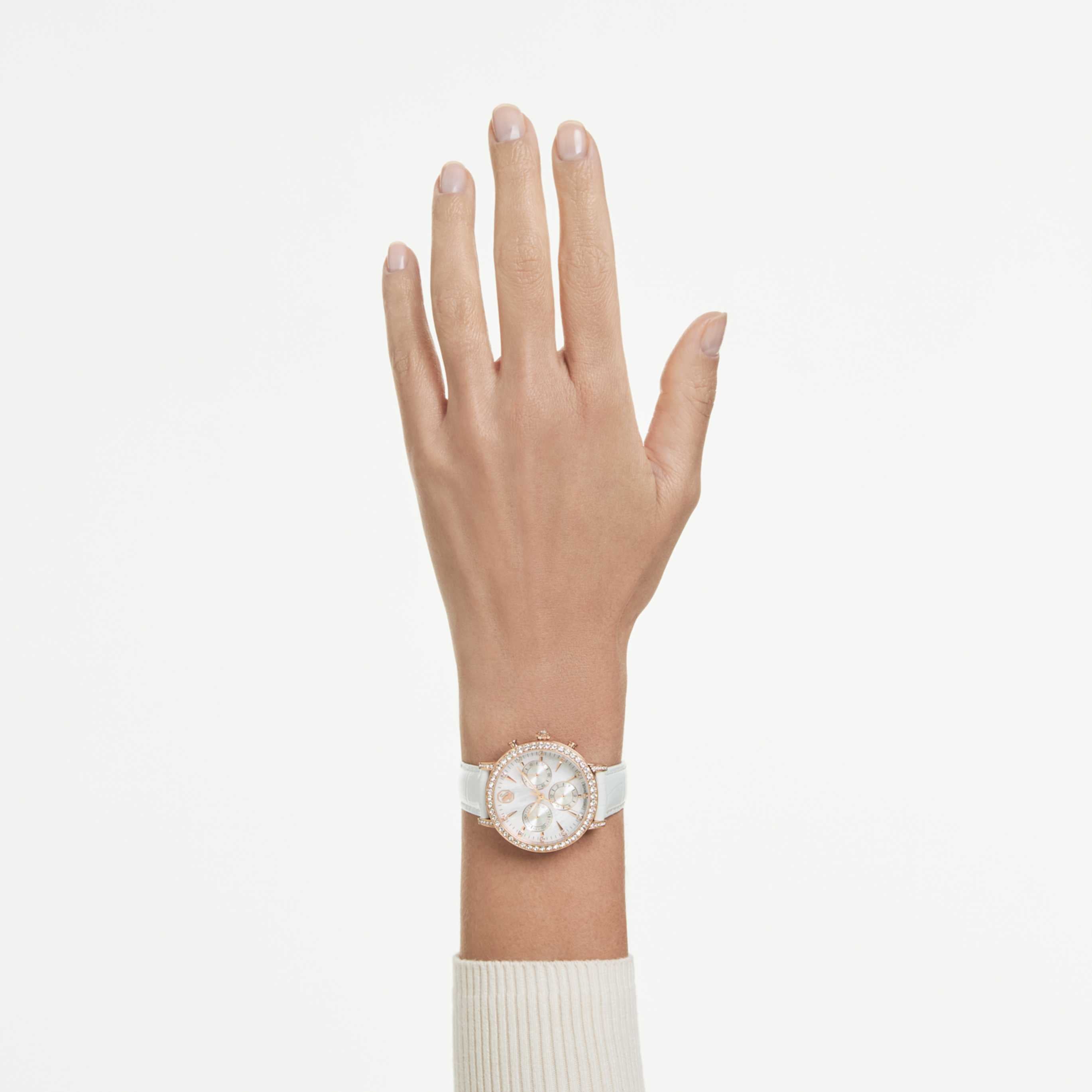 Swarovski Matrix tennis chrono watch Swiss Made, Leather strap, Pink, Rose gold-tone finish
