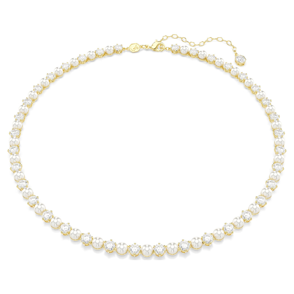 Swarovski Matrix Tennis necklace Crystal pearl, Round cut, White, 18K gold finish