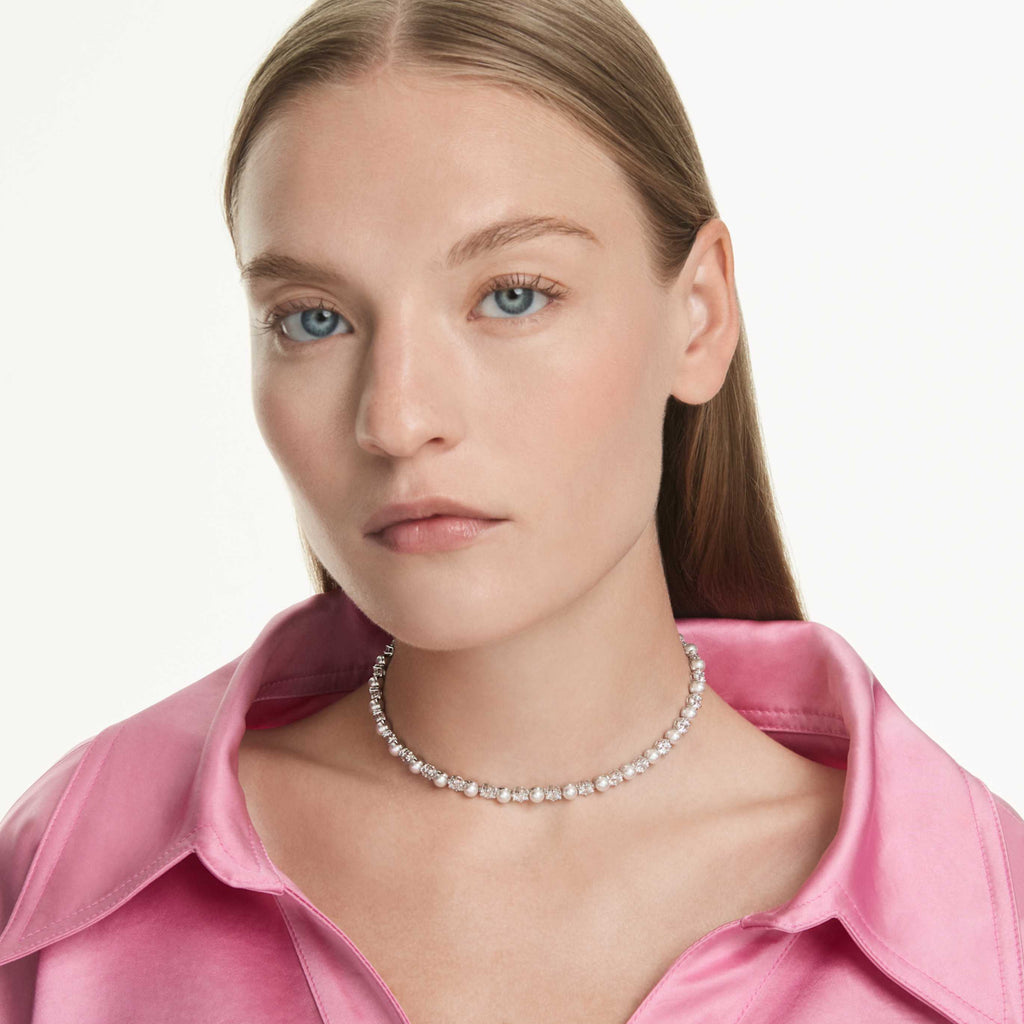 Swarovski Matrix Tennis necklace Crystal pearl, Round cut, White, 18K gold finish