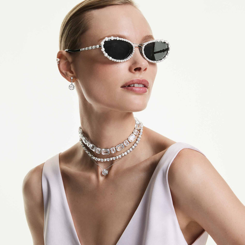 Swarovski Matrix Tennis necklace Crystal pearl, Round cut, White, Rhodium plated