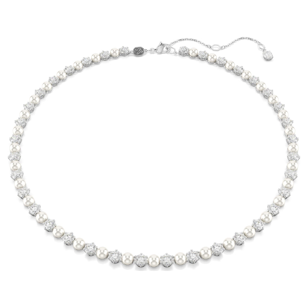 Swarovski Matrix Tennis necklace Crystal pearl, Round cut, White, Rhodium plated