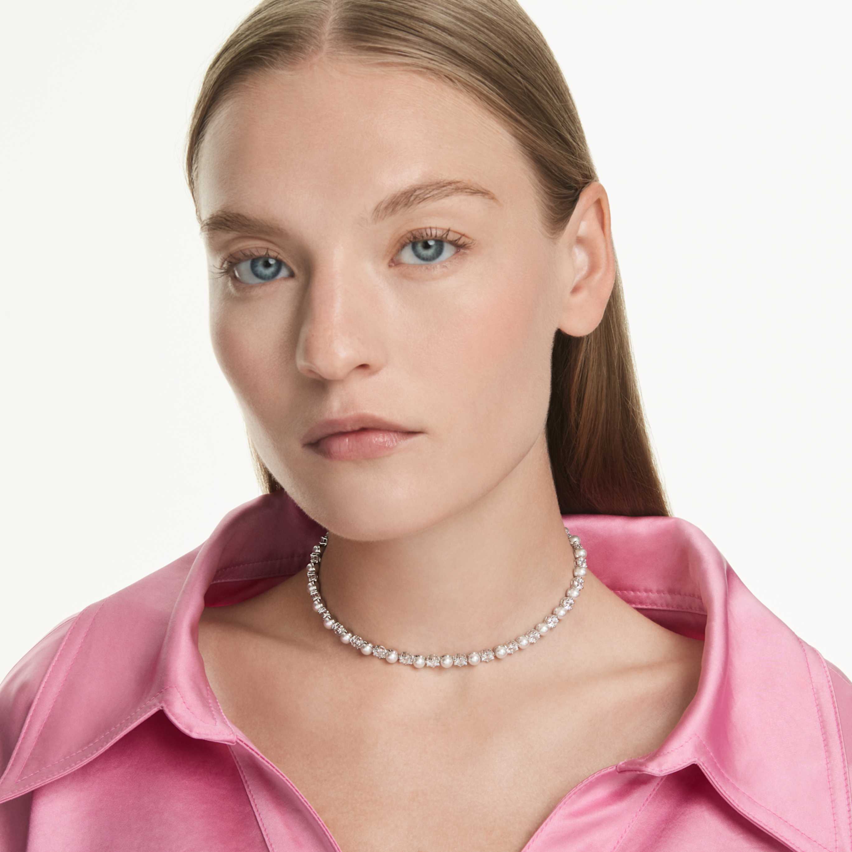 Swarovski Matrix Tennis necklace Crystal pearl, Round cut, White, Rhodium plated