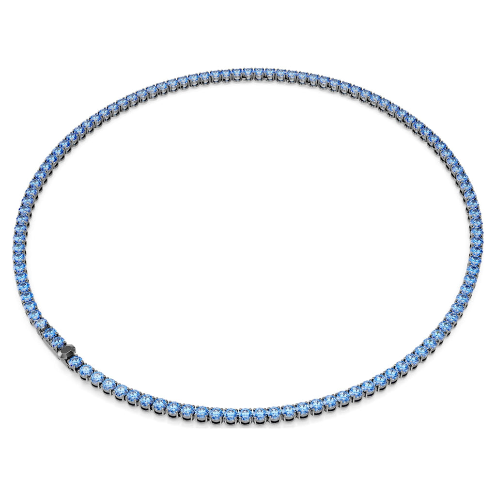 Swarovski Matrix Tennis necklace Round cut, Blue, Ruthenium plated