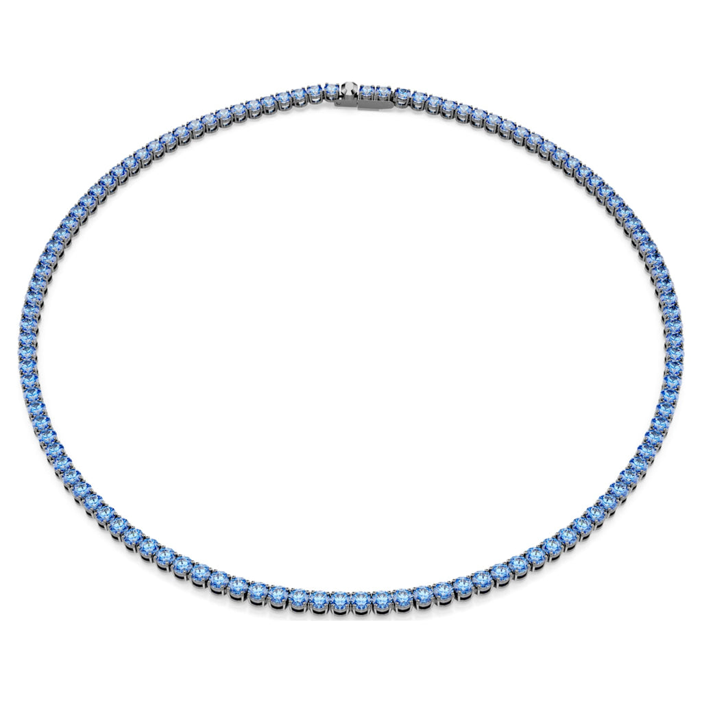 Swarovski Matrix Tennis necklace Round cut, Blue, Ruthenium plated