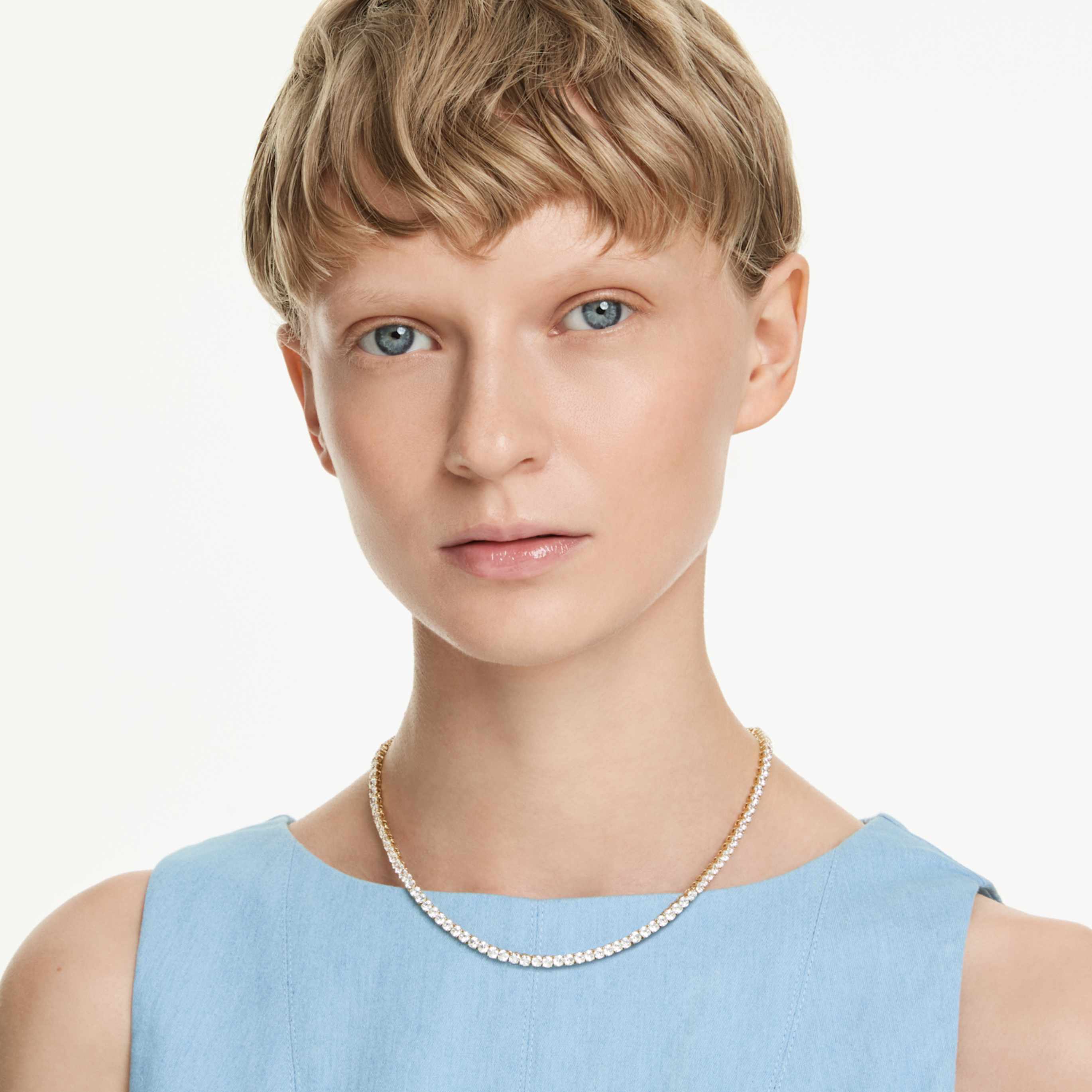 Swarovski Matrix Tennis necklace Round cut, Blue, Ruthenium plated