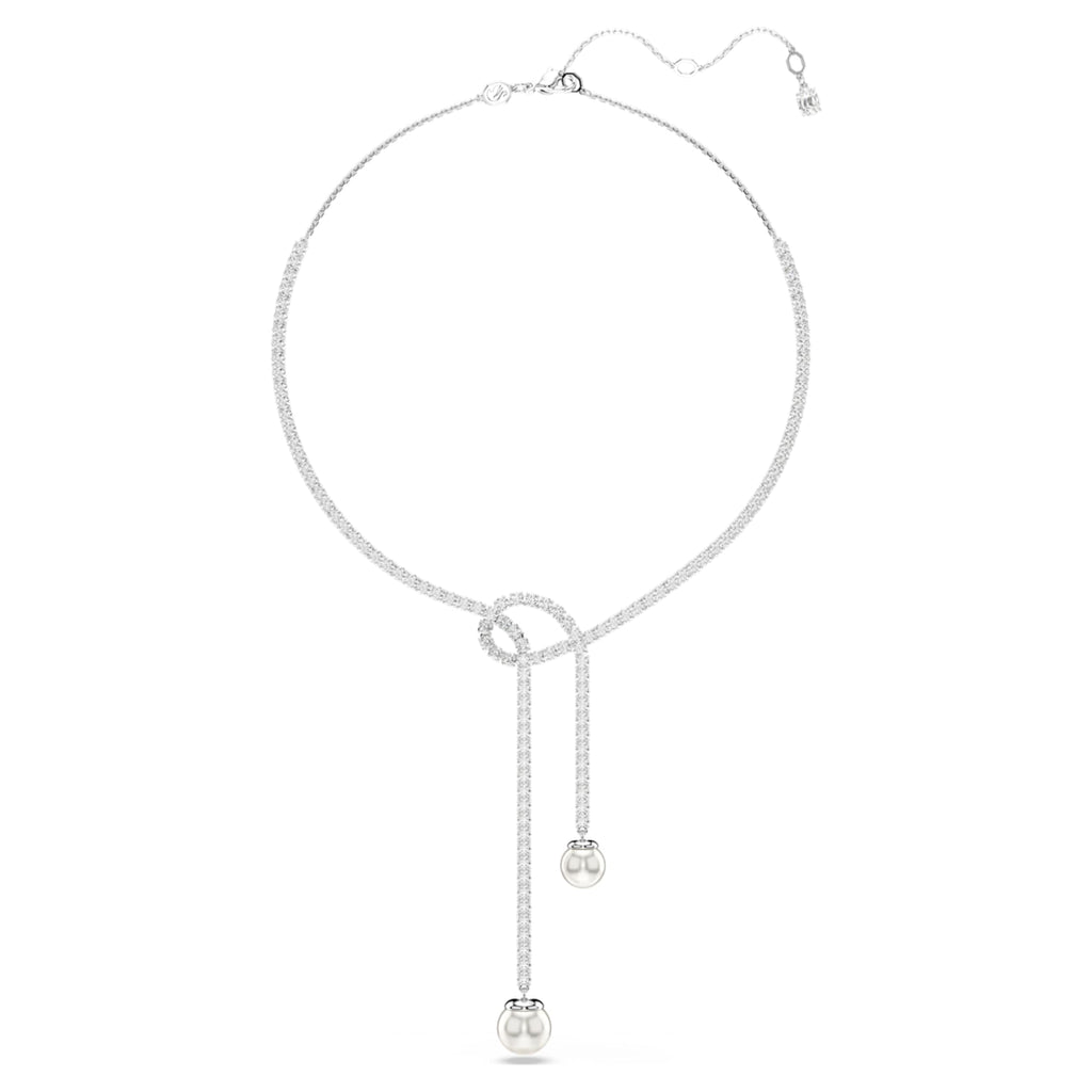 Swarovski Matrix Y necklace Crystal pearl, Round cut, White, Rhodium plated