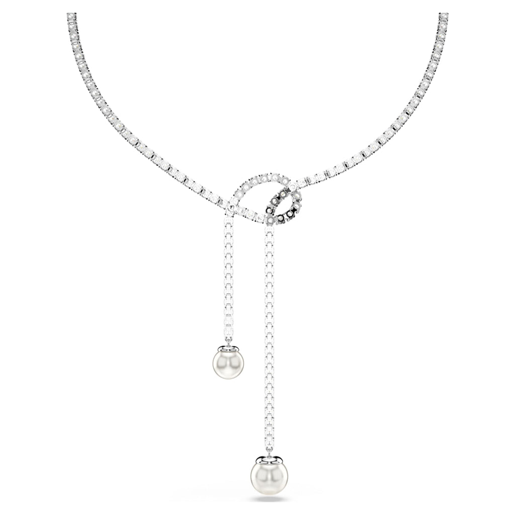 Swarovski Matrix Y necklace Crystal pearl, Round cut, White, Rhodium plated
