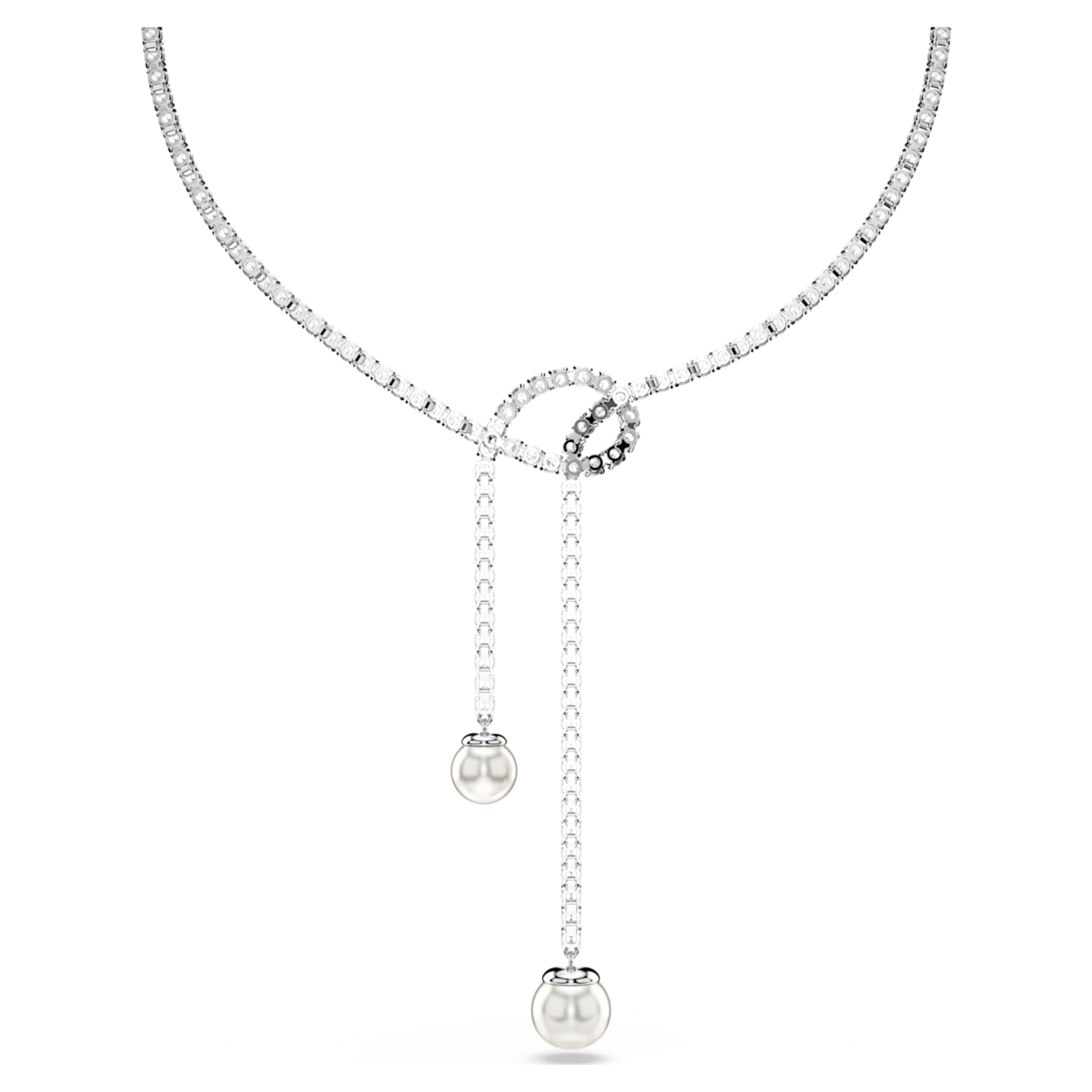 Swarovski Matrix Y necklace Crystal pearl, Round cut, White, Rhodium plated