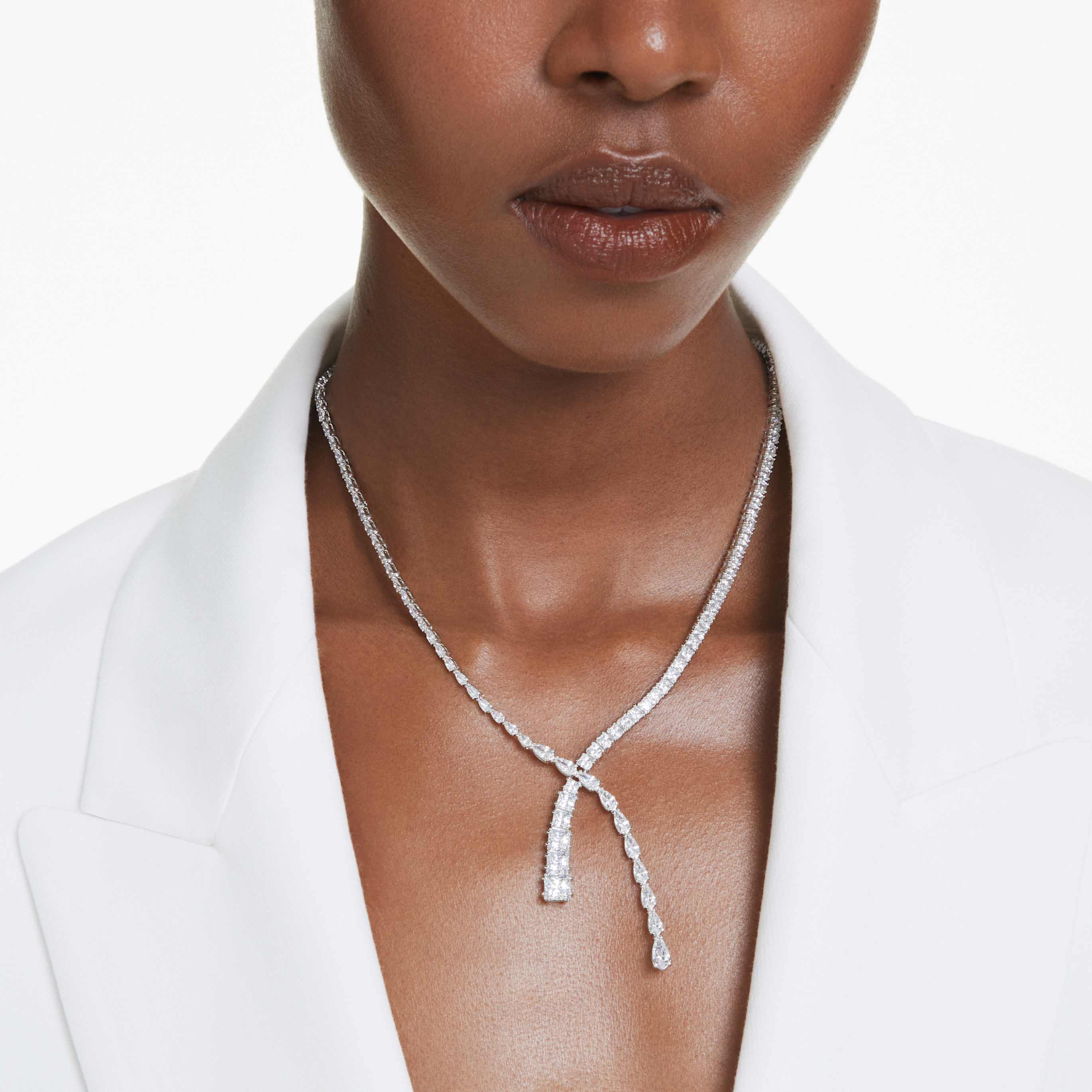 Swarovski Matrix Y necklace Mixed cuts, White, Rhodium plated