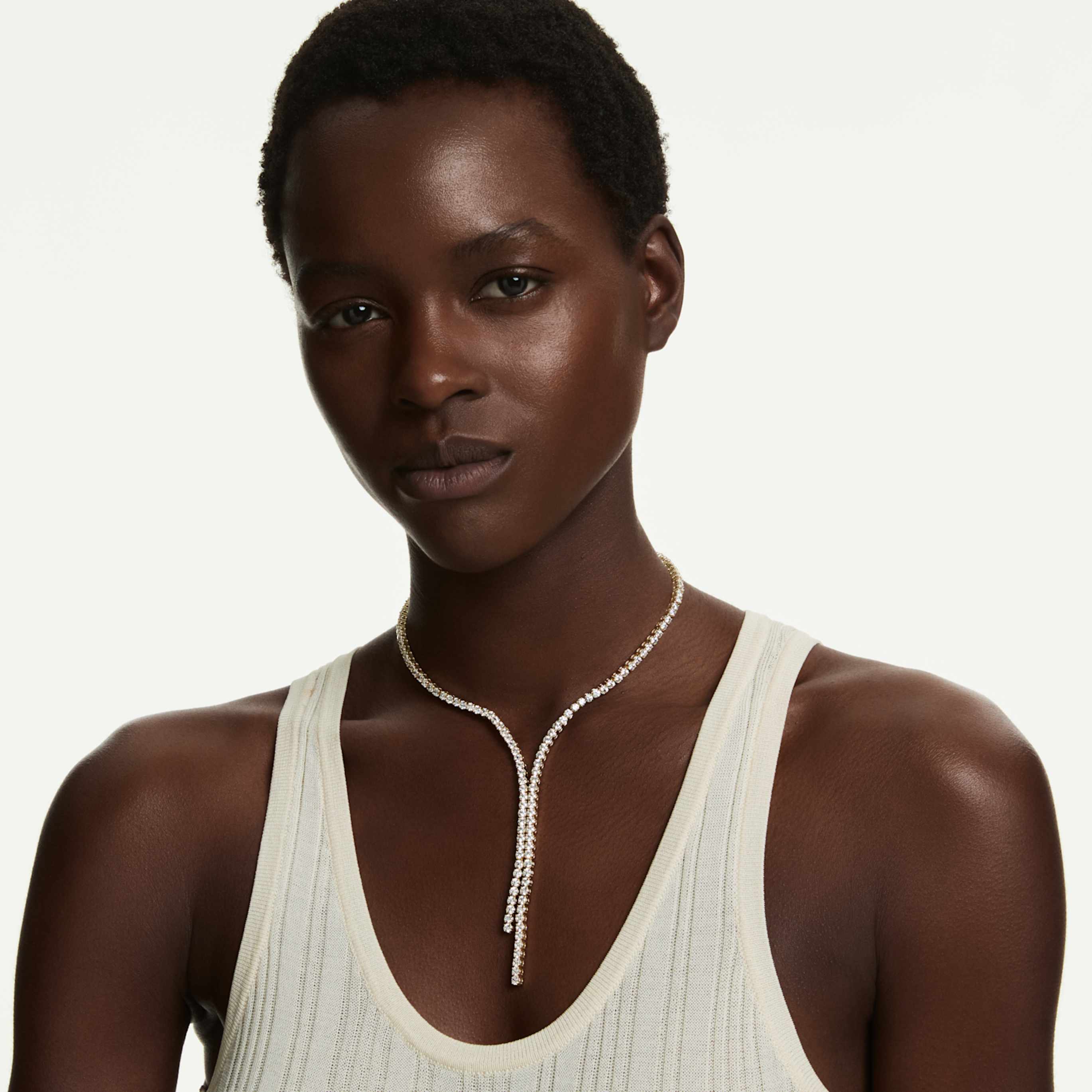 Swarovski Matrix Y necklace Round cut, White, 18K gold finish